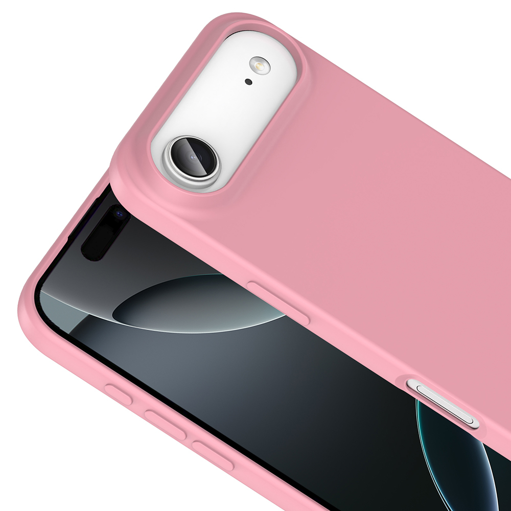 Pembe bir telefon kılıfı, kamera kesimiyle. Telefonun ekranı görünür. Kılıfın yanında düğmeler var. Arka plan beyaz.