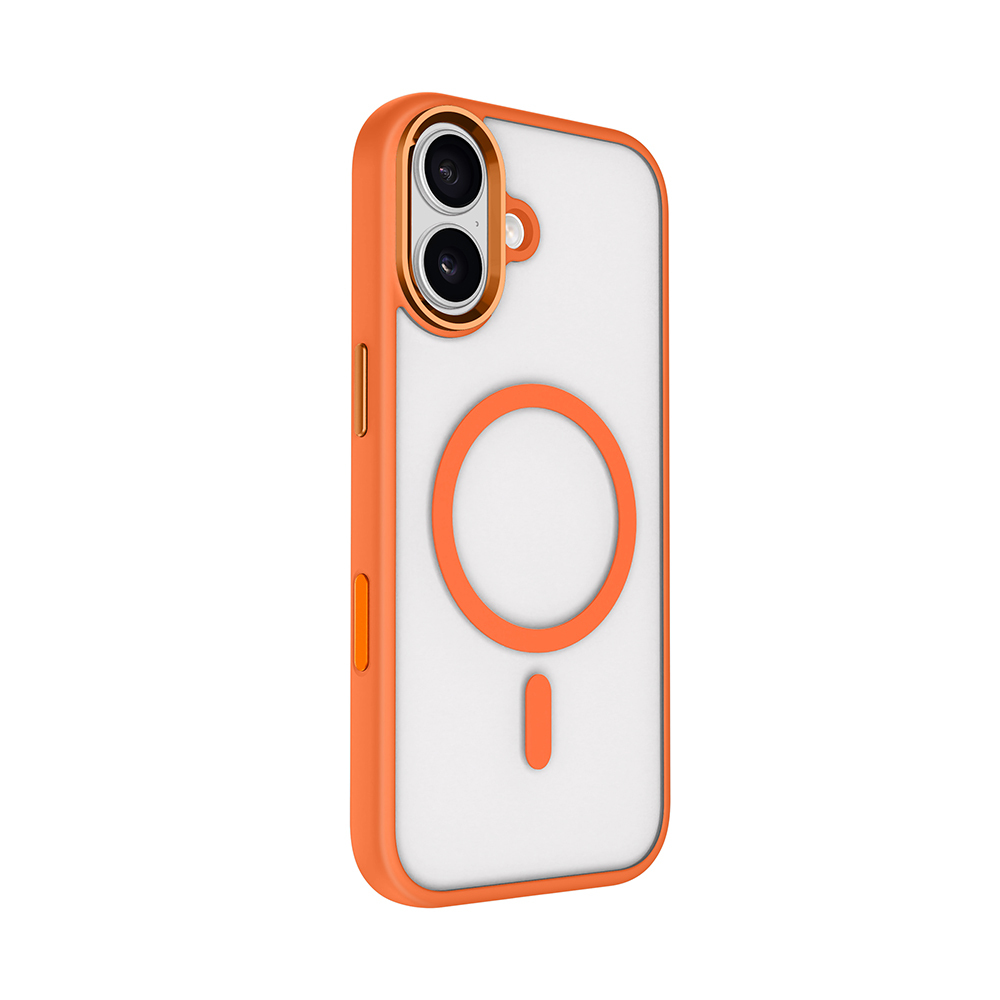 Turuncu ve beyaz bir telefon kılıfı. Kamera oyuğu, turuncu bir halka ve turuncu kenarlı beyaz bir arka yüzü vardır.