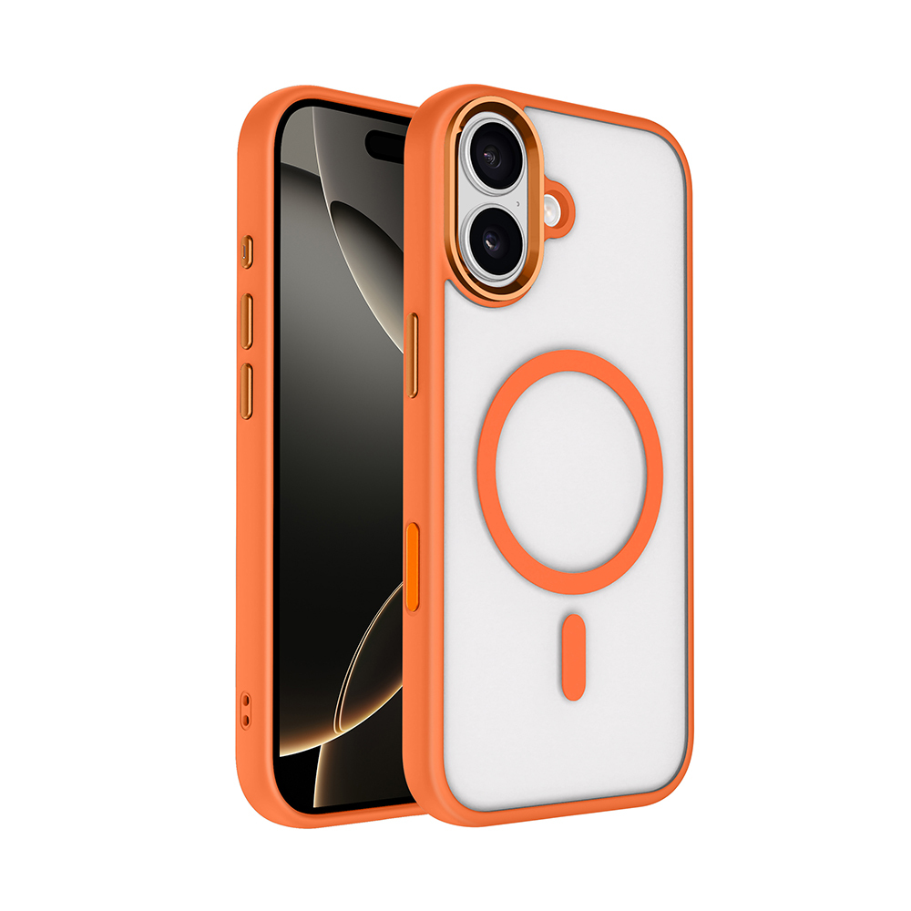 Beyaz arka yüzü olan turuncu bir iPhone kılıfı gösteriliyor. Kılıf, zıt renkli turuncu bir çerçeveye ve manyetik bir halka tasarımına sahip.