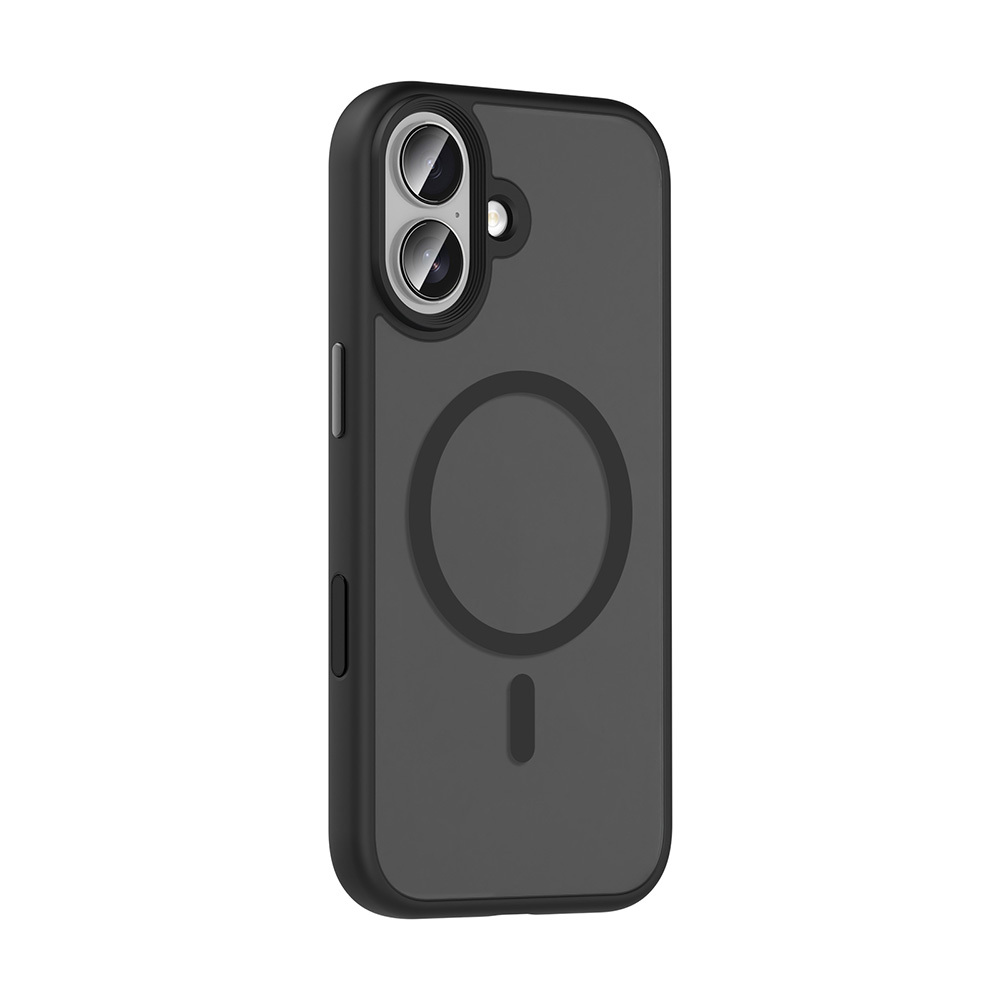 Arka tarafında kamera kesimi ve manyetik bir daire bulunan siyah bir telefon kılıfı. Şık ve modern bir tasarıma sahip.