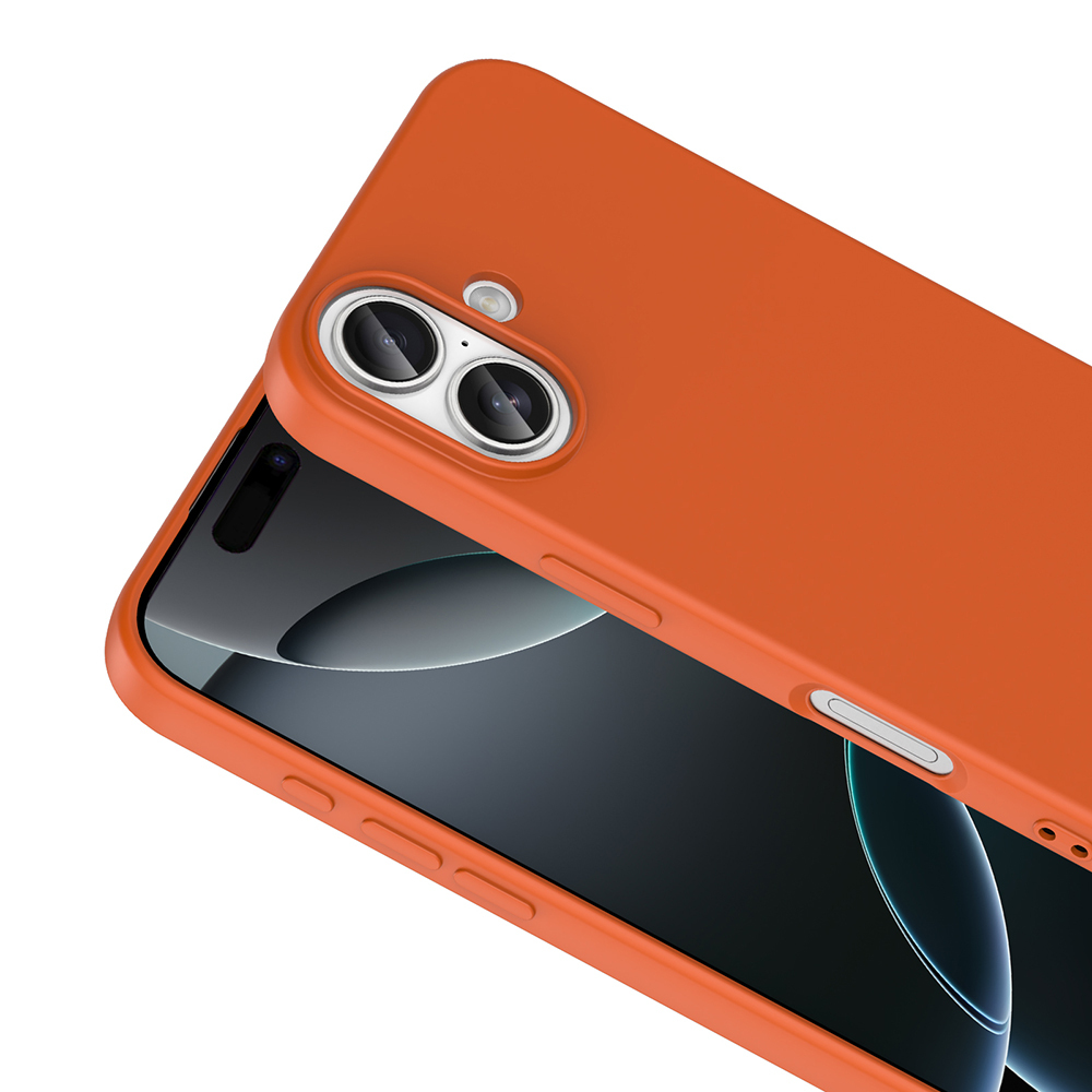 Bir telefonun üzerinde turuncu bir telefon kılıfı. Kılıf, telefonun arka ve yan taraflarını kaplar. Kamera lensleri görünür.