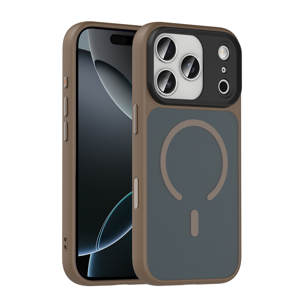 Kahverengi ve mavi kılıflı bir iPhone. Kılıfın dairesel bir manyetik alanı var. Telefon beyaz bir arka plan üzerinde.