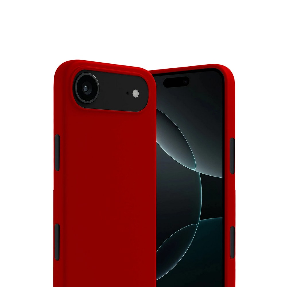 İki kırmızı telefon kılıfı. Biri kamera ve düğmeleri, diğeri ekranı gösteriyor. Beyaz arka plan.