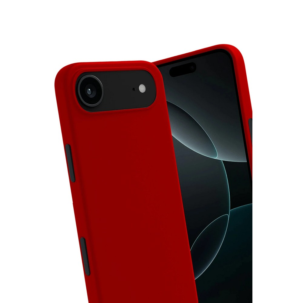 İki kırmızı telefon kılıfı, biri diğerinin önünde. Bir kılıfta kamera var. Ekranlar siyah.
