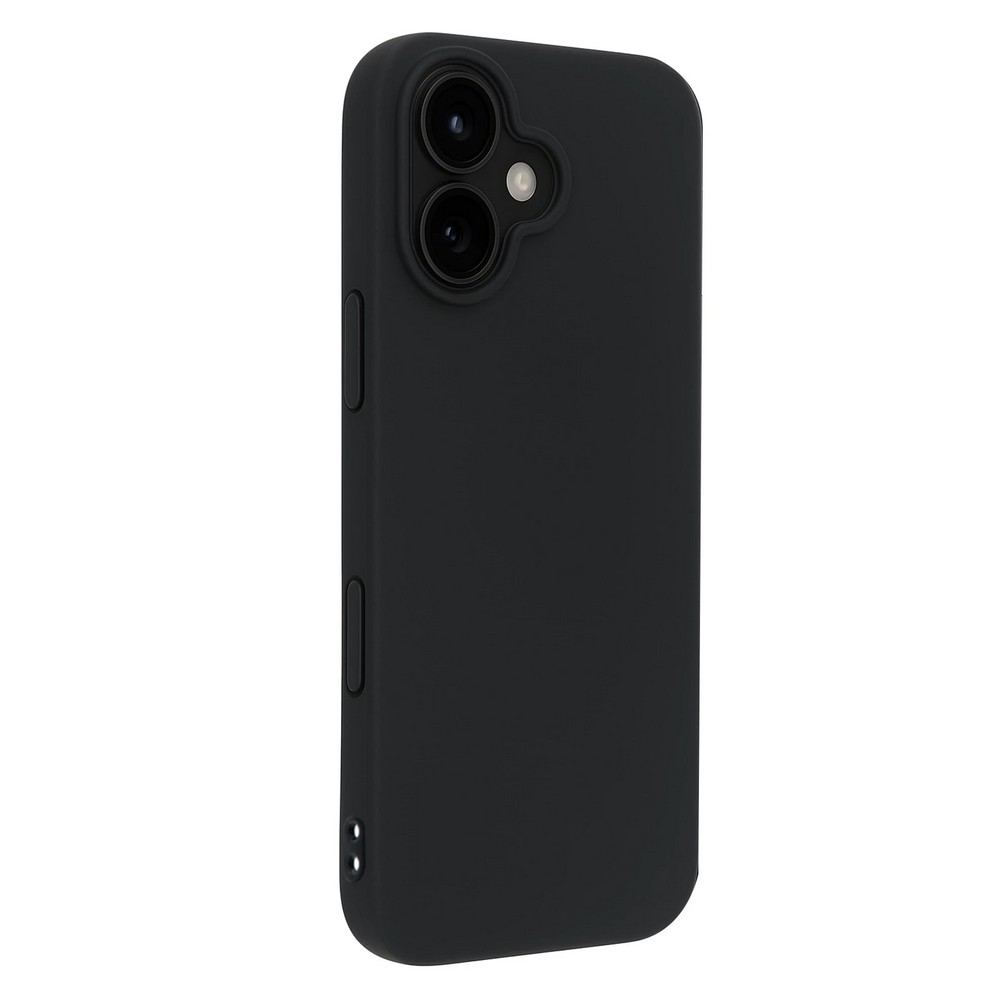 Çift kamera lensli ve yan düğmeli siyah telefon kılıfı. Kılıf pürüzsüz ve arka plan beyaz.