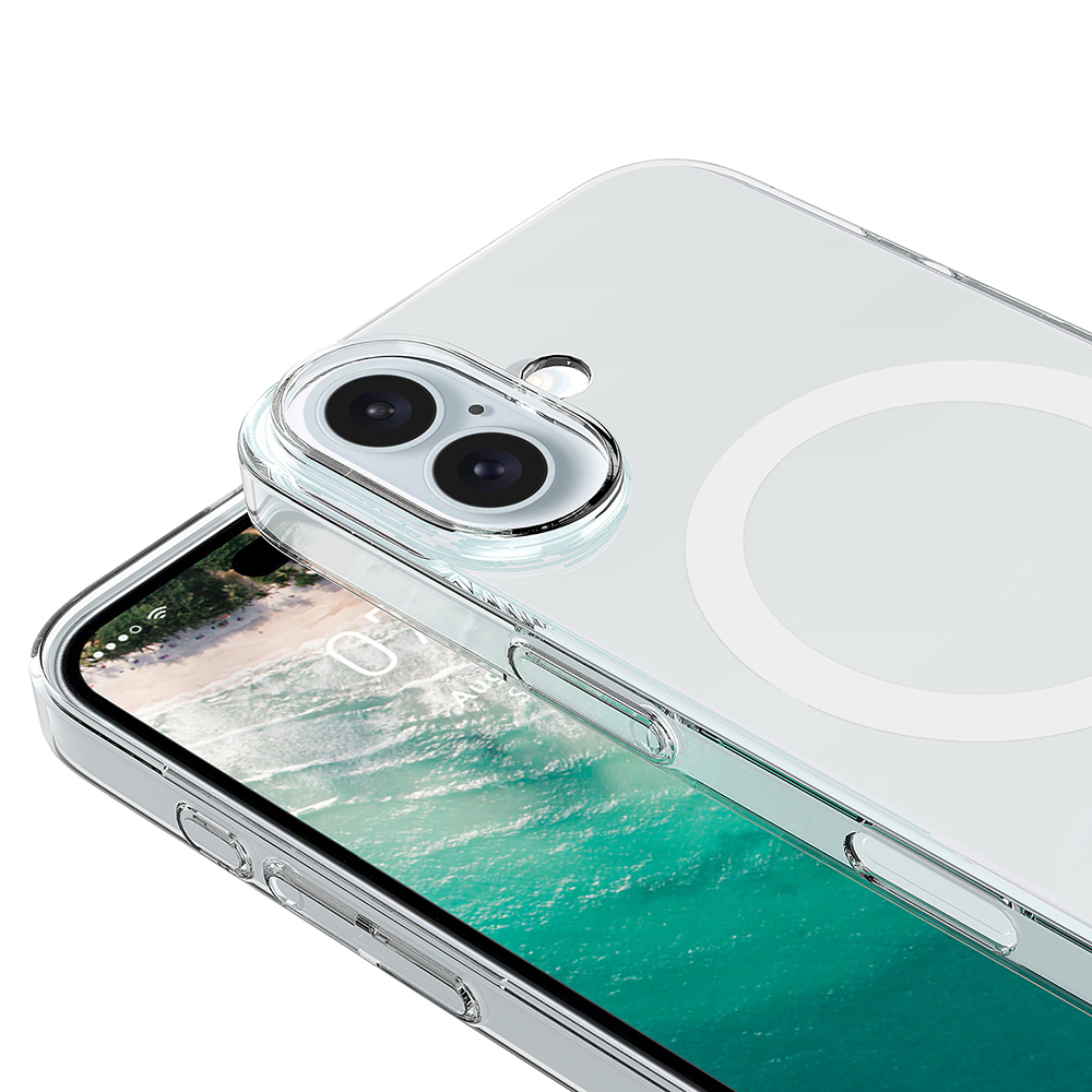 Plaj sahnesi gösteren ekranlı bir telefonda şeffaf bir telefon kılıfı. Kılıf, bir lens koruyucusuna sahiptir.