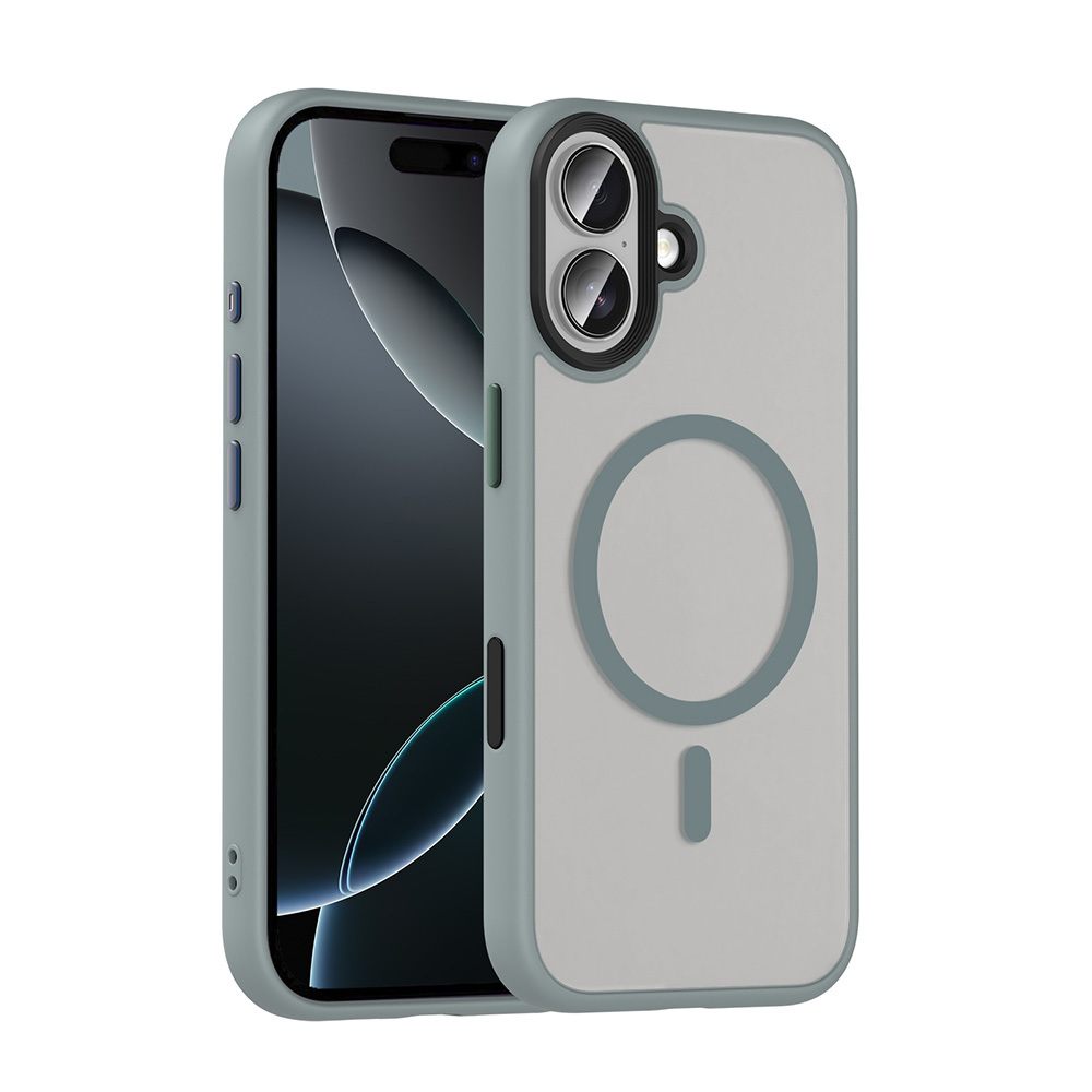 Açık gri telefon kılıfı, yeşil çerçevesi ve arkasında gri halka bulunan bir iPhone. Kamerada iki lens var.