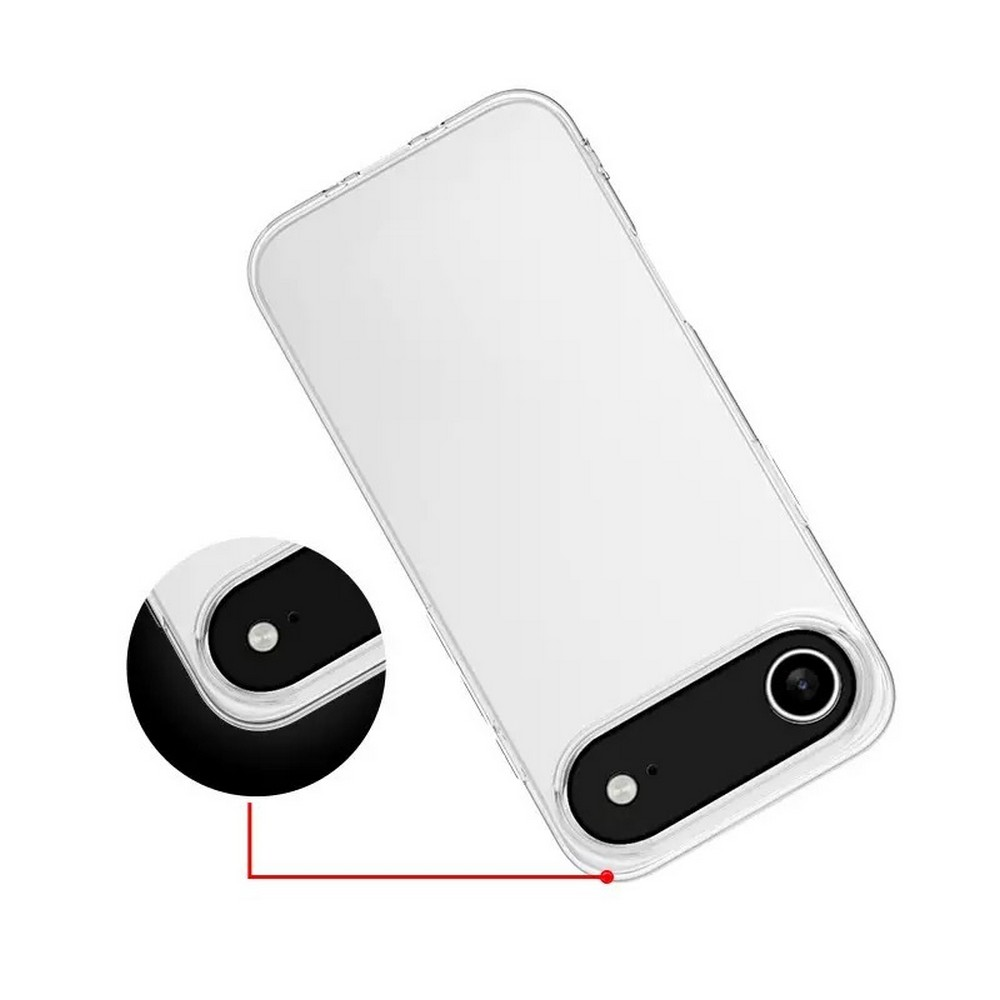 Siyah kamera modülü ve kameranın yakınlaştırılmış görünümü olan şeffaf telefon kılıfı. Arka plan beyaz.