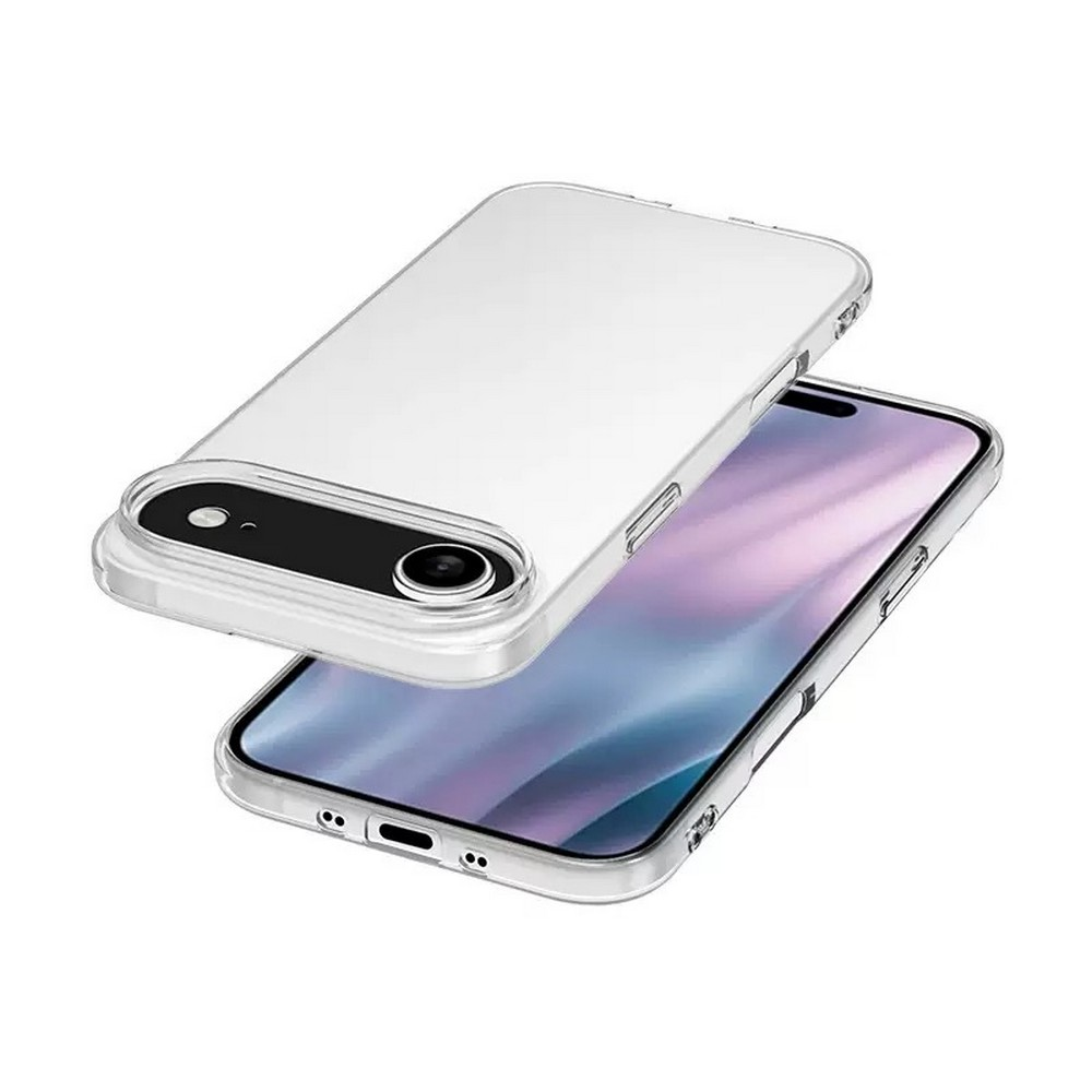 Şeffaf bir telefon kılıfı bir telefonun üzerinde duruyor. Telefondaki ekranda bulanık, açık renkli bir görüntü var.