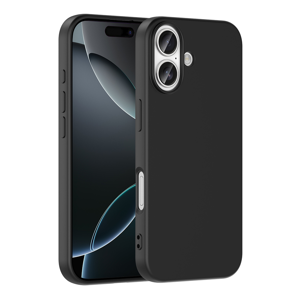Beyaz bir arka plan üzerinde açılı bir şekilde duran, siyah bir kılıf içindeki siyah bir akıllı telefon. Telefonun ekranı ve kamerası var. Kılıf telefonu kapatıyor.