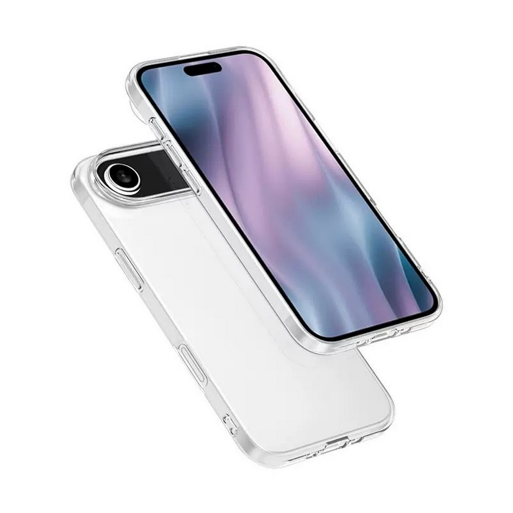 Üst üste iki şeffaf telefon kılıfı. Üstteki, mor ve mavi geçişli ekranı gösteriyor.