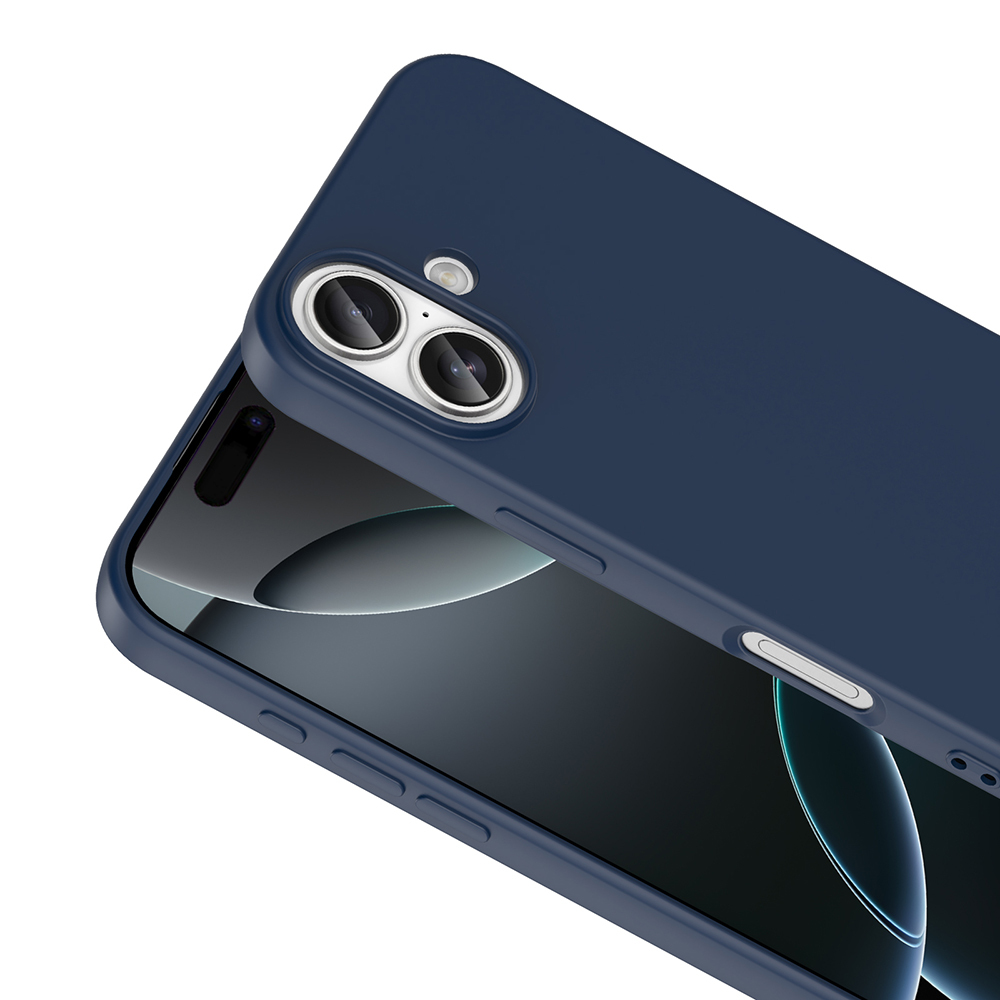 Lacivert bir telefon kılıfı kısmen bir telefonu kaplar. Kılıf kamera lenslerini gösterir. Telefon ekranı karanlık.