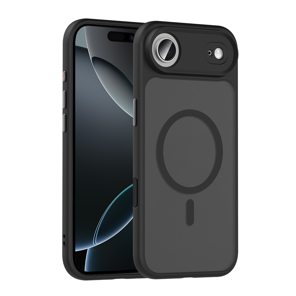 İçinde bir iPhone bulunan siyah bir telefon kılıfı. Kılıfın kamera boşluğu ve arkasında dairesel bir tasarım var.