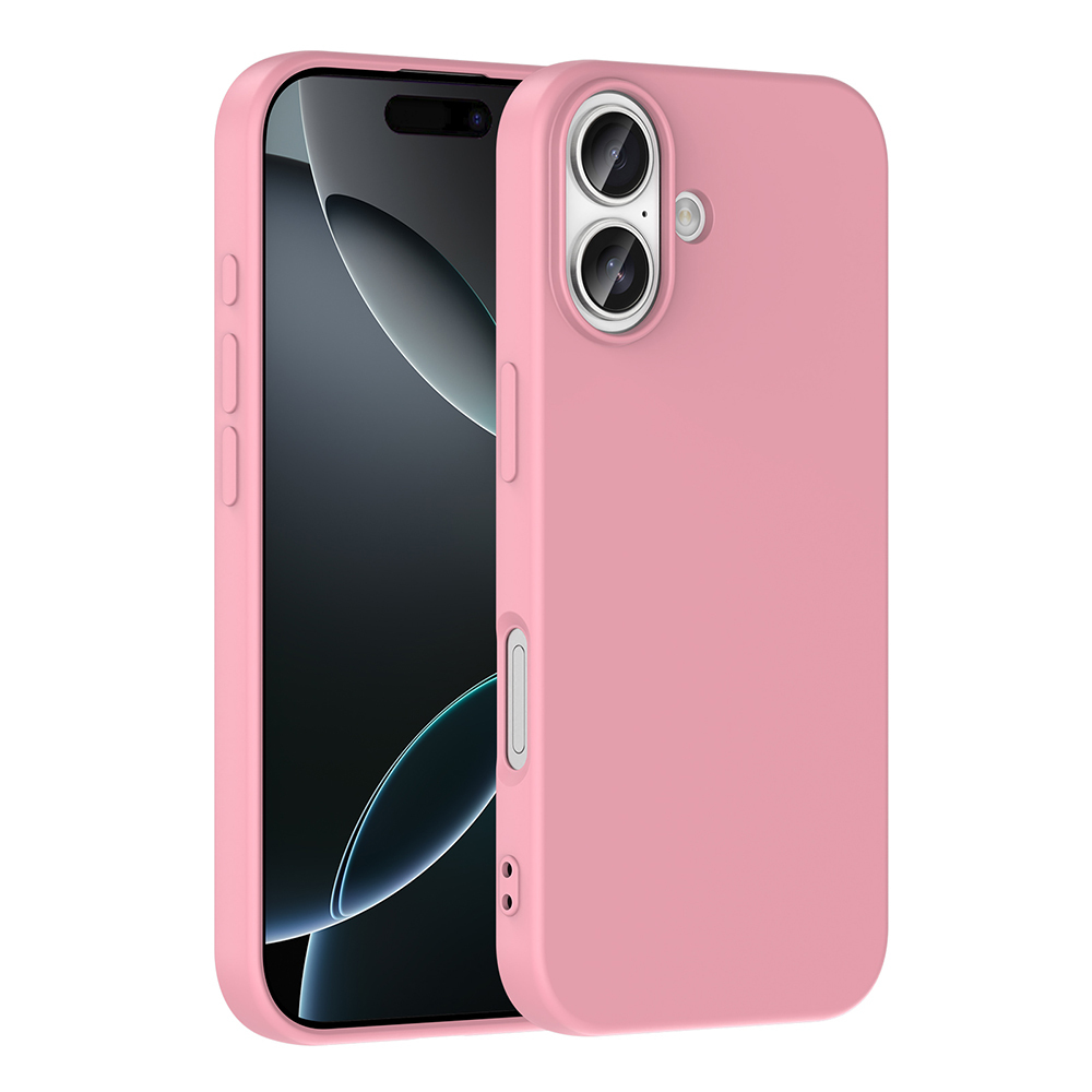 Siyah ekranlı pembe bir telefon kılıfı. Kılıfın düğmeleri ve kamera kesikleri var. Ekran kavisli bir tasarım gösteriyor.
