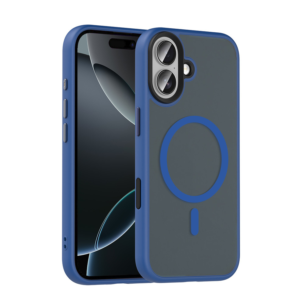 Arka tarafında mavi dairesel bir tasarıma sahip mavi ve gri bir telefon kılıfı, bir akıllı telefonun yanında duruyor. Kılıf bir iPhone içindir.