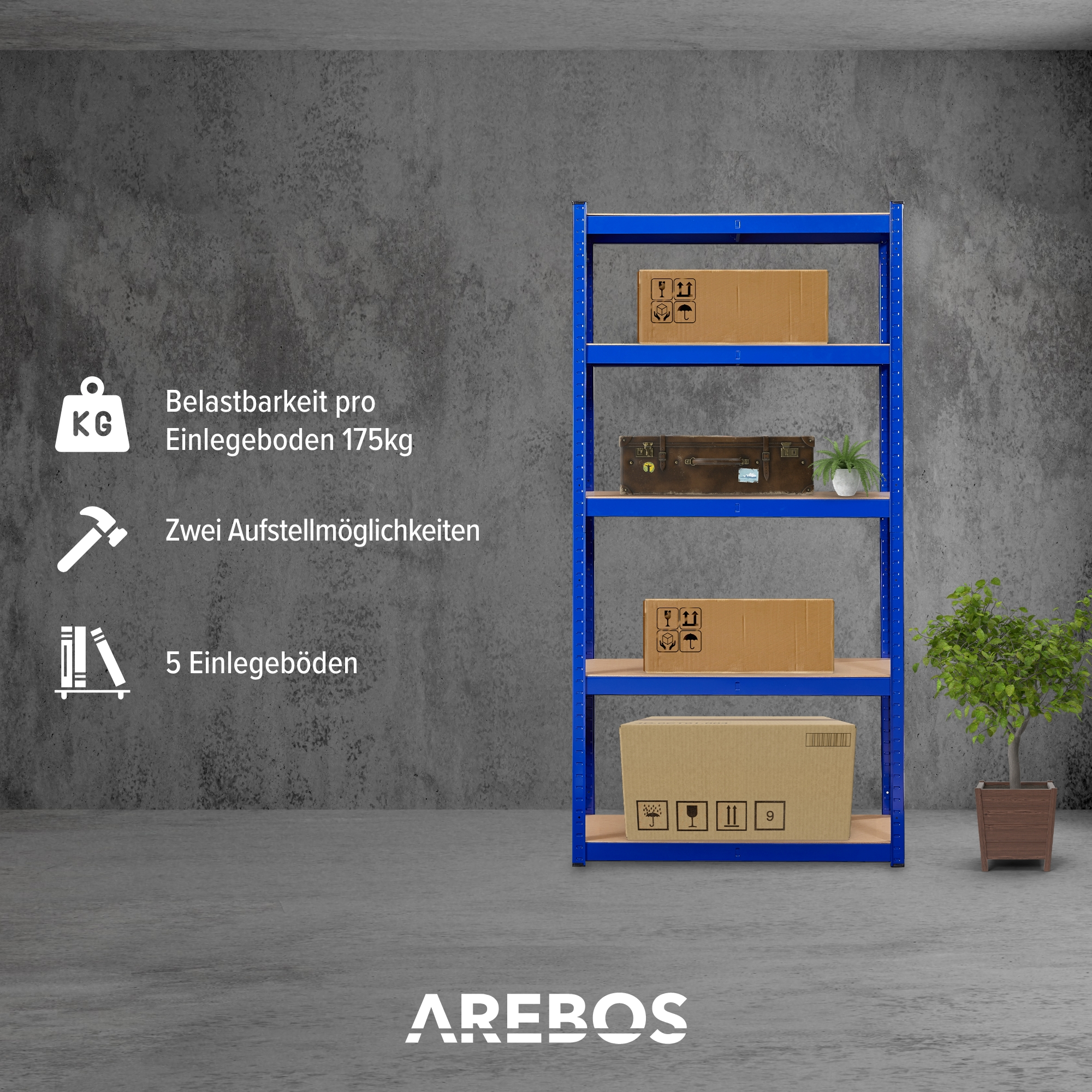 Blaues Metallregal mit Kisten und einem Koffer. Rechts steht eine Topfpflanze. Der Hintergrund ist eine graue Wand.