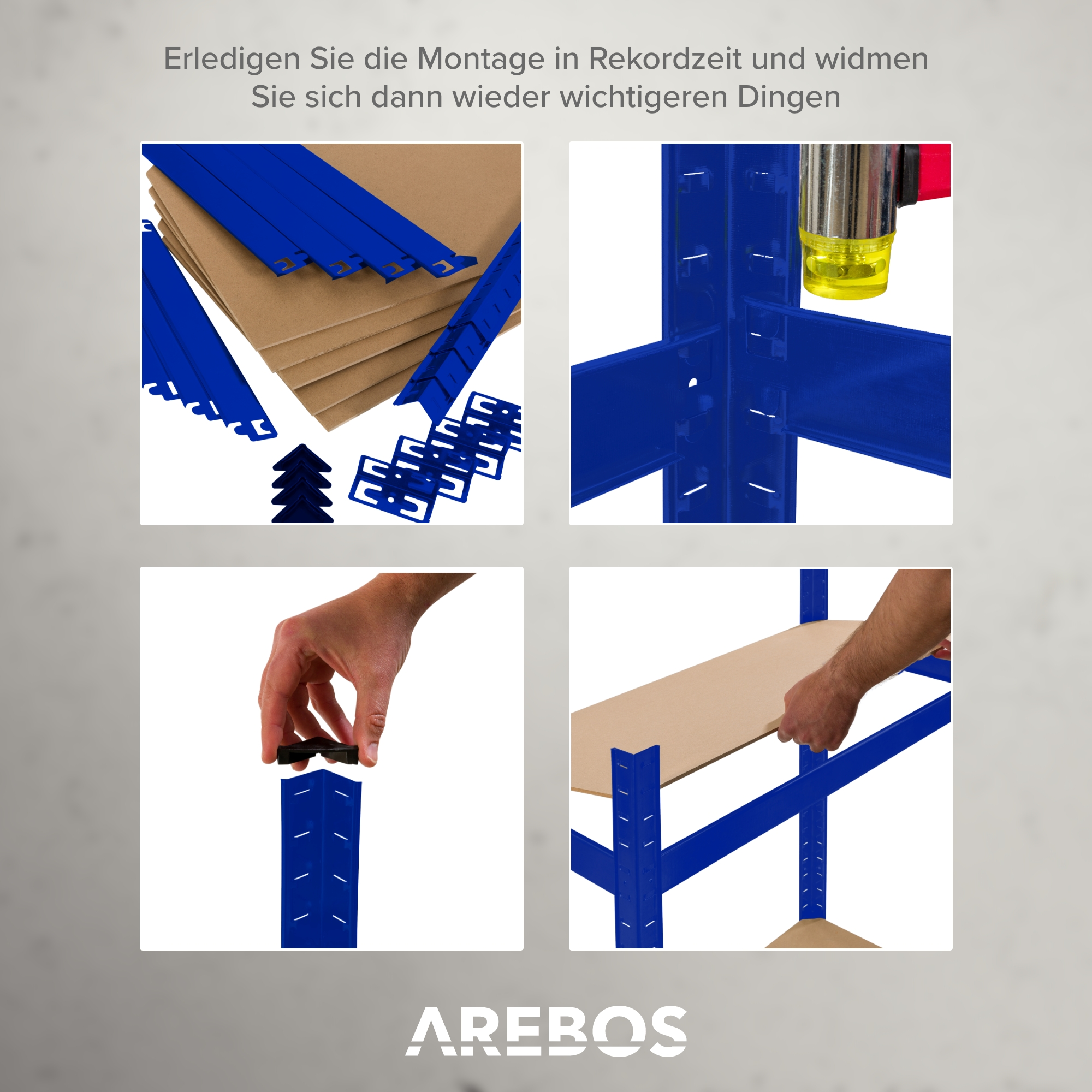 Das Bild zeigt Komponenten eines blauen Regalsystems, das zusammengebaut wird. Teile umfassen Regalstützen, Regale und eine Hand, die ein Werkzeug benutzt.