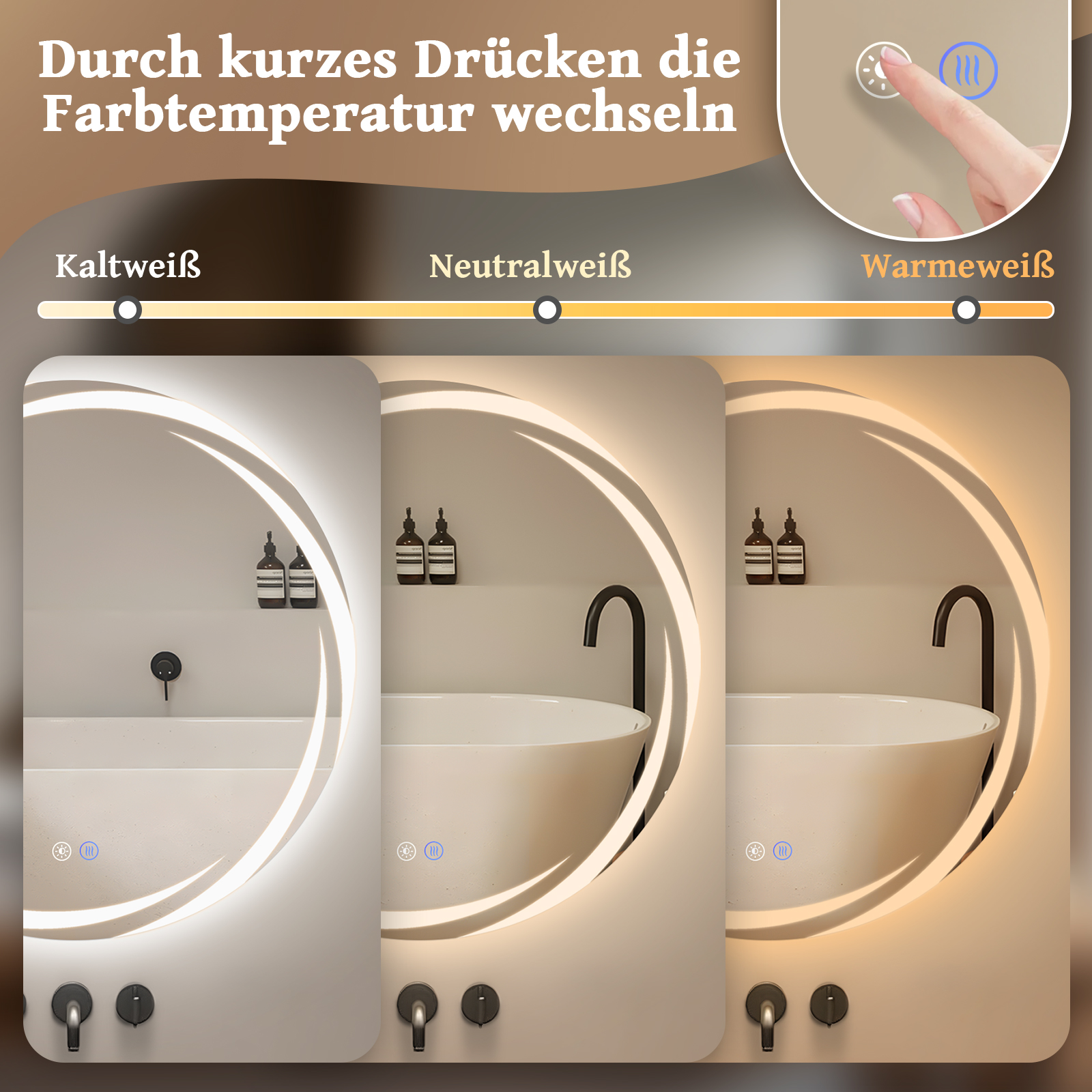 Das Bild zeigt einen Badezimmerspiegel mit einstellbarer Lichttemperatur. Es werden drei Lichteinstellungen angezeigt: kühl, neutral und warm.