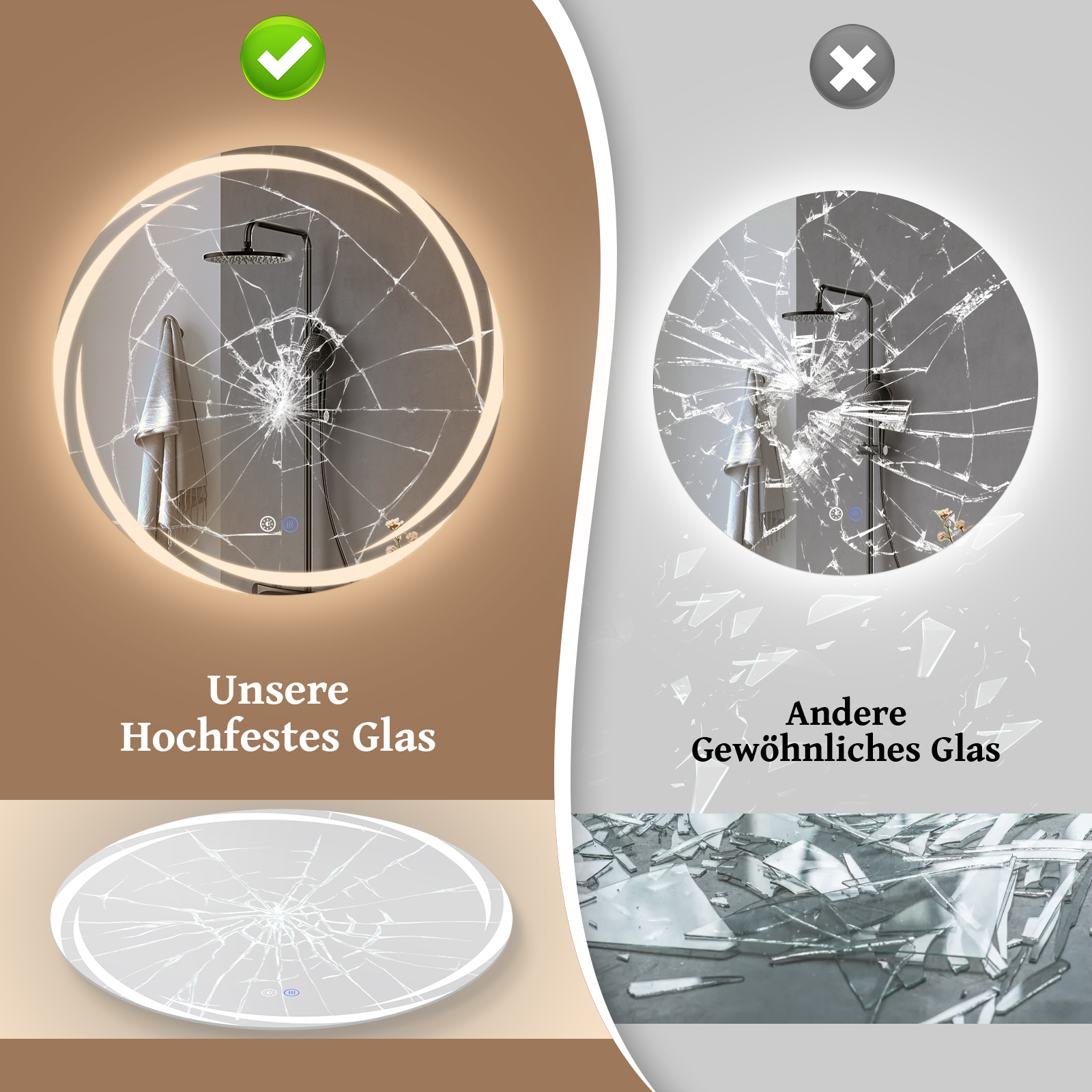 Das Bild zeigt zwei zerbrochene Glasspiegel. Einer ist intakt, beschriftet mit 'Unser hochfestes Glas'. Der andere ist zerbrochen.