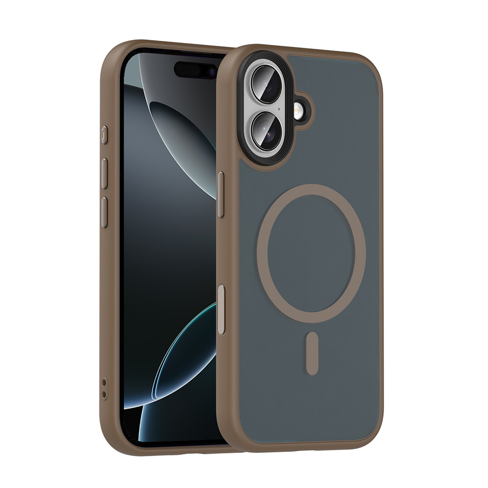 Koruyucu kılıf içinde bir iPhone. Kılıf kahverengi ve mavimsi gridir, arkasında manyetik bağlantı için dairesel bir tasarım vardır.