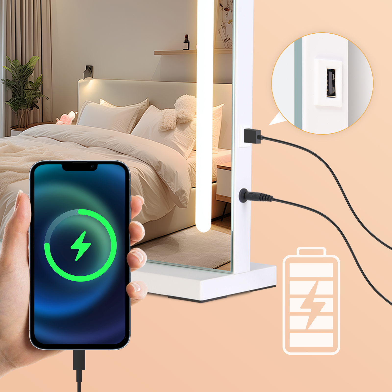 Eine Hand hält ein ladendes Telefon in der Nähe eines Spiegels. Ein Ladesymbol ist auf dem Bildschirm. Im Hintergrund ein Schlafzimmer.