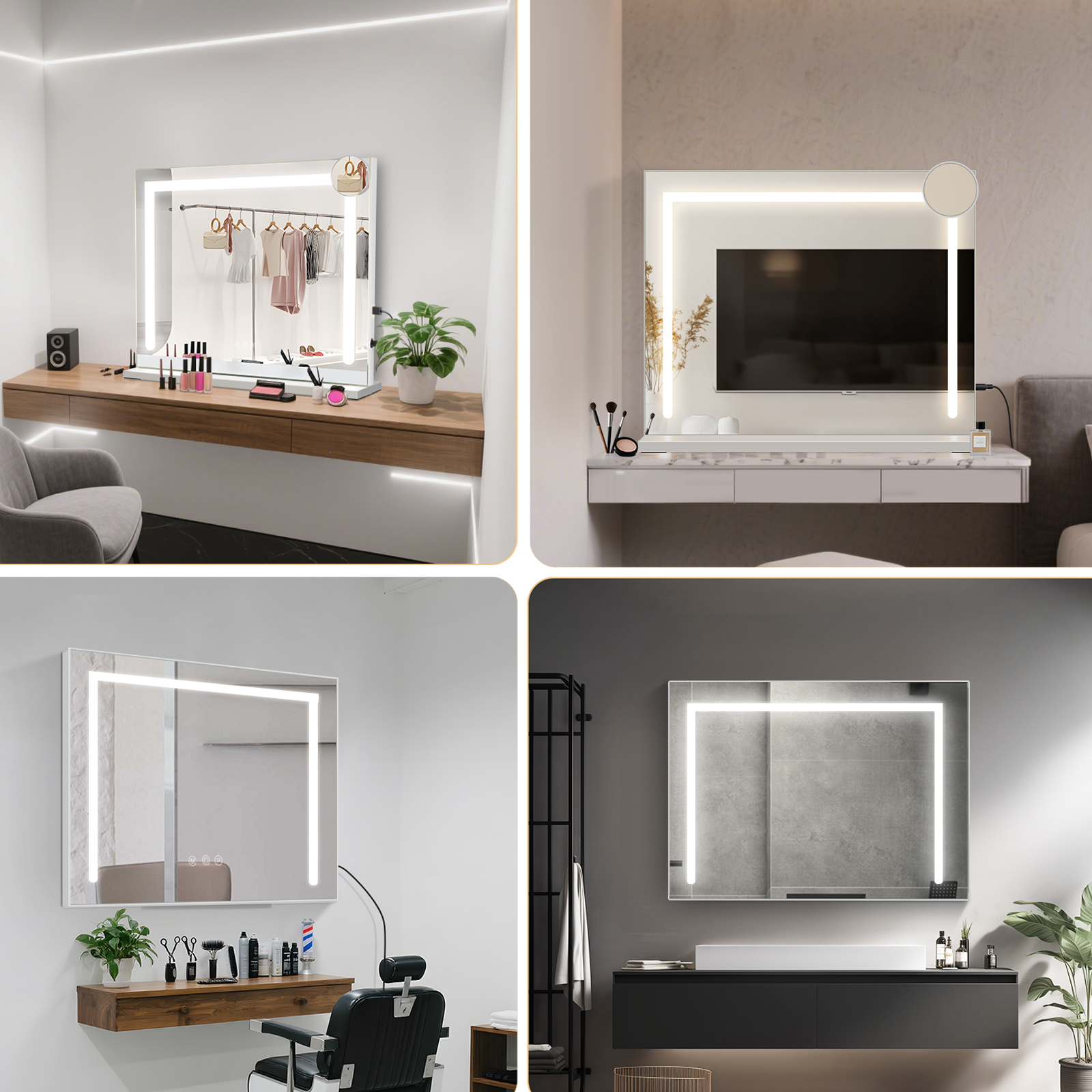 Vier Bilder von Spiegeln mit integrierter Beleuchtung. Jeder Spiegel befindet sich in einer anderen Umgebung: Schminktisch, Schlafzimmer, Salon und Badezimmer.