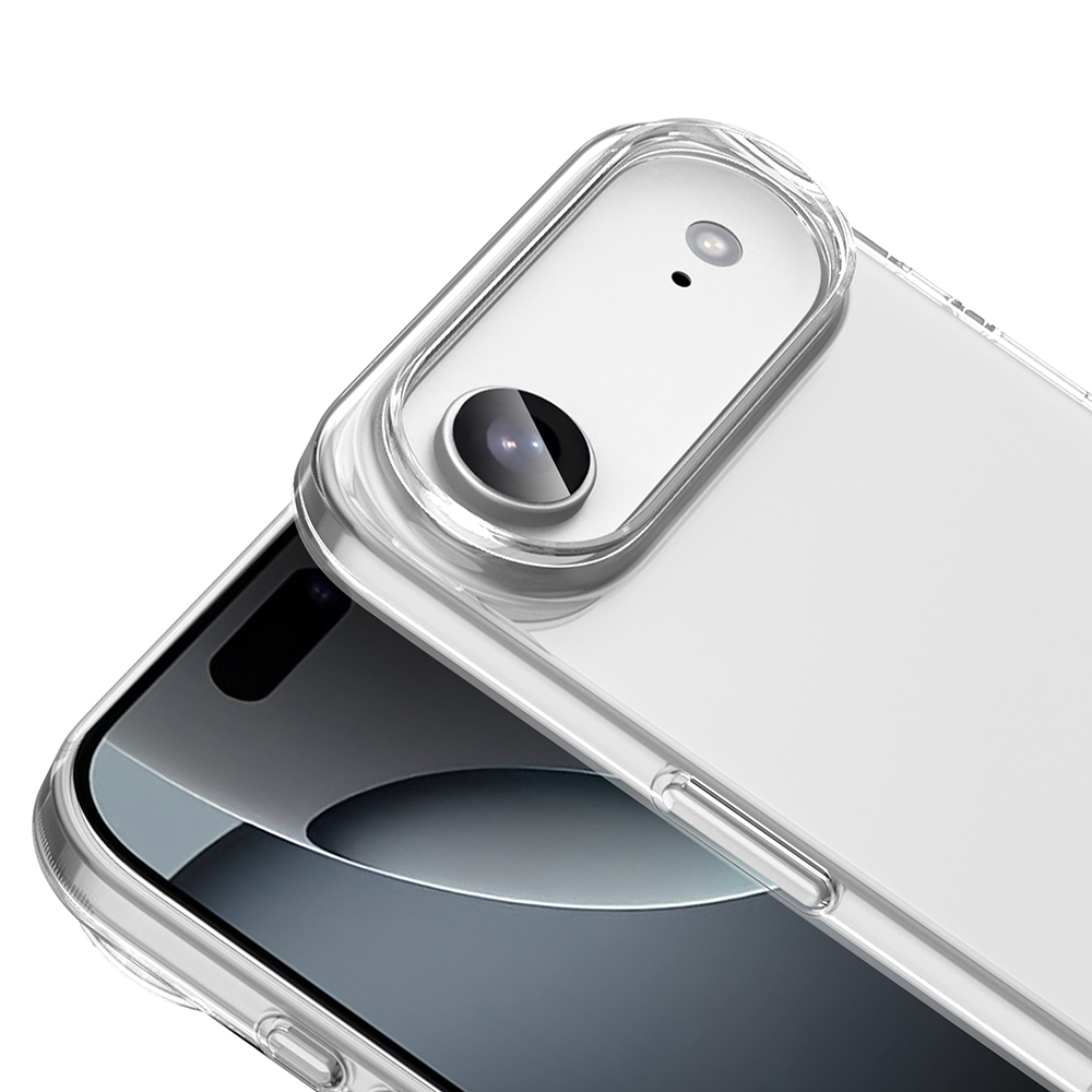 Şık bir tasarım sergileyen, kamera lens koruyuculu şeffaf telefon kılıfı. Telefonun ekranı, koyu bir alanla birlikte görülebilir. Kılıf yuvarlak kenarlara sahip.
