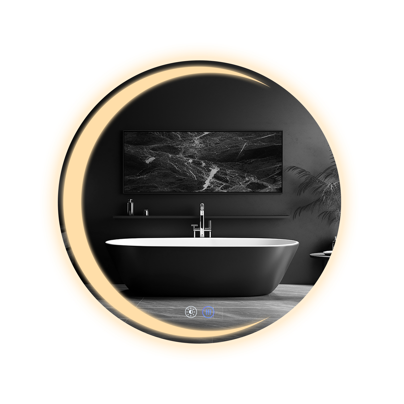 Czarna wanna w nowoczesnej łazience z marmurową sztuką i okrągłym podświetlanym lustrem.