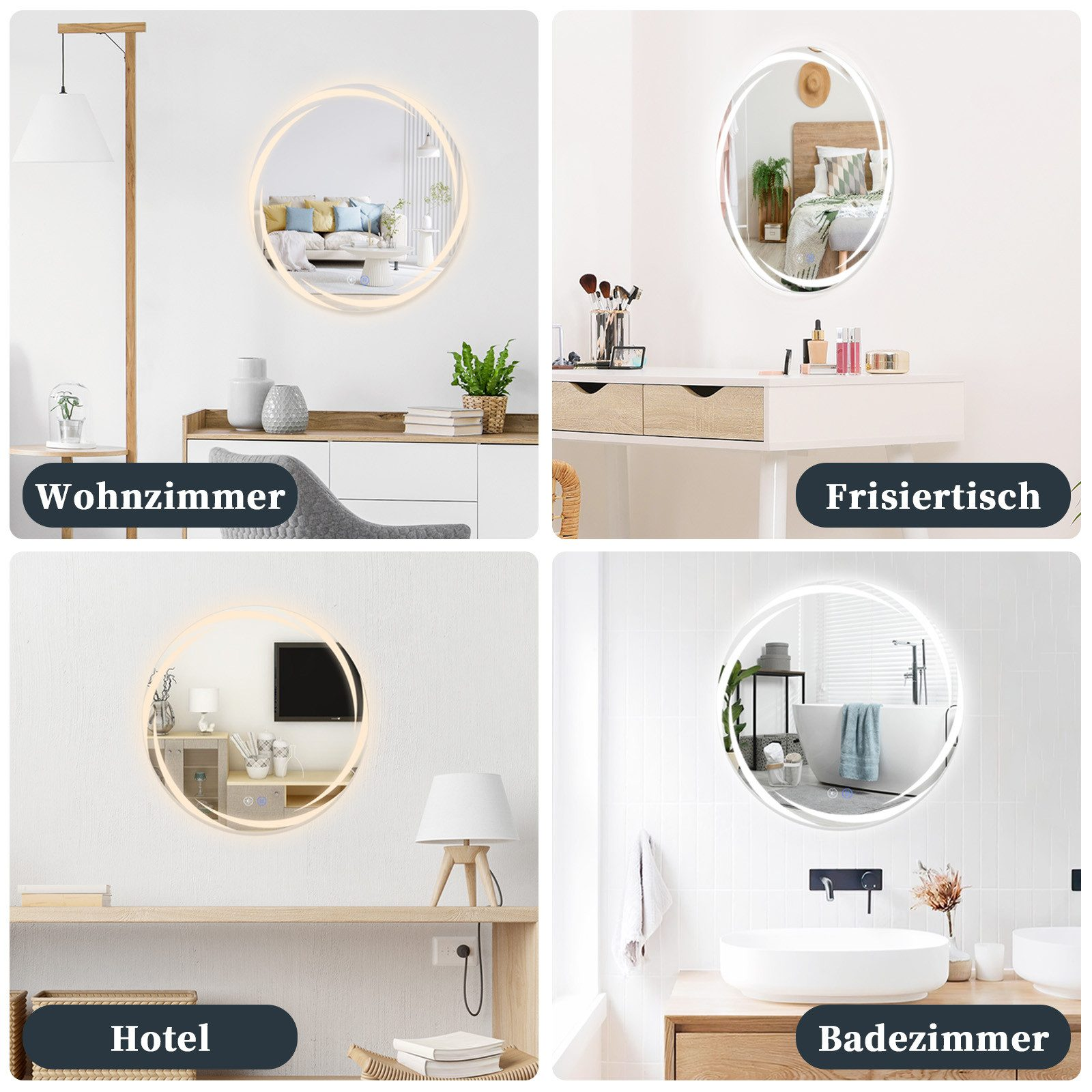 Vier Bilder von beleuchteten Spiegeln in verschiedenen Umgebungen: Wohnzimmer, Schminktisch, Hotel und Badezimmer. Jeder Spiegel ist kreisförmig.