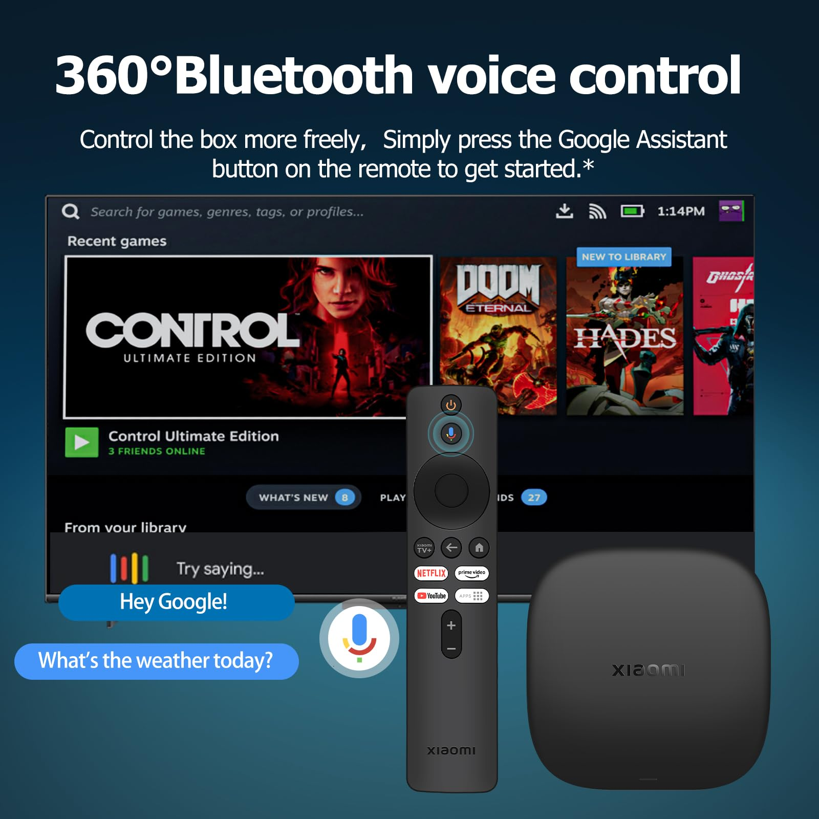 La imagen muestra una interfaz de TV con títulos de juegos, un mando a distancia y un dispositivo Xiaomi negro.