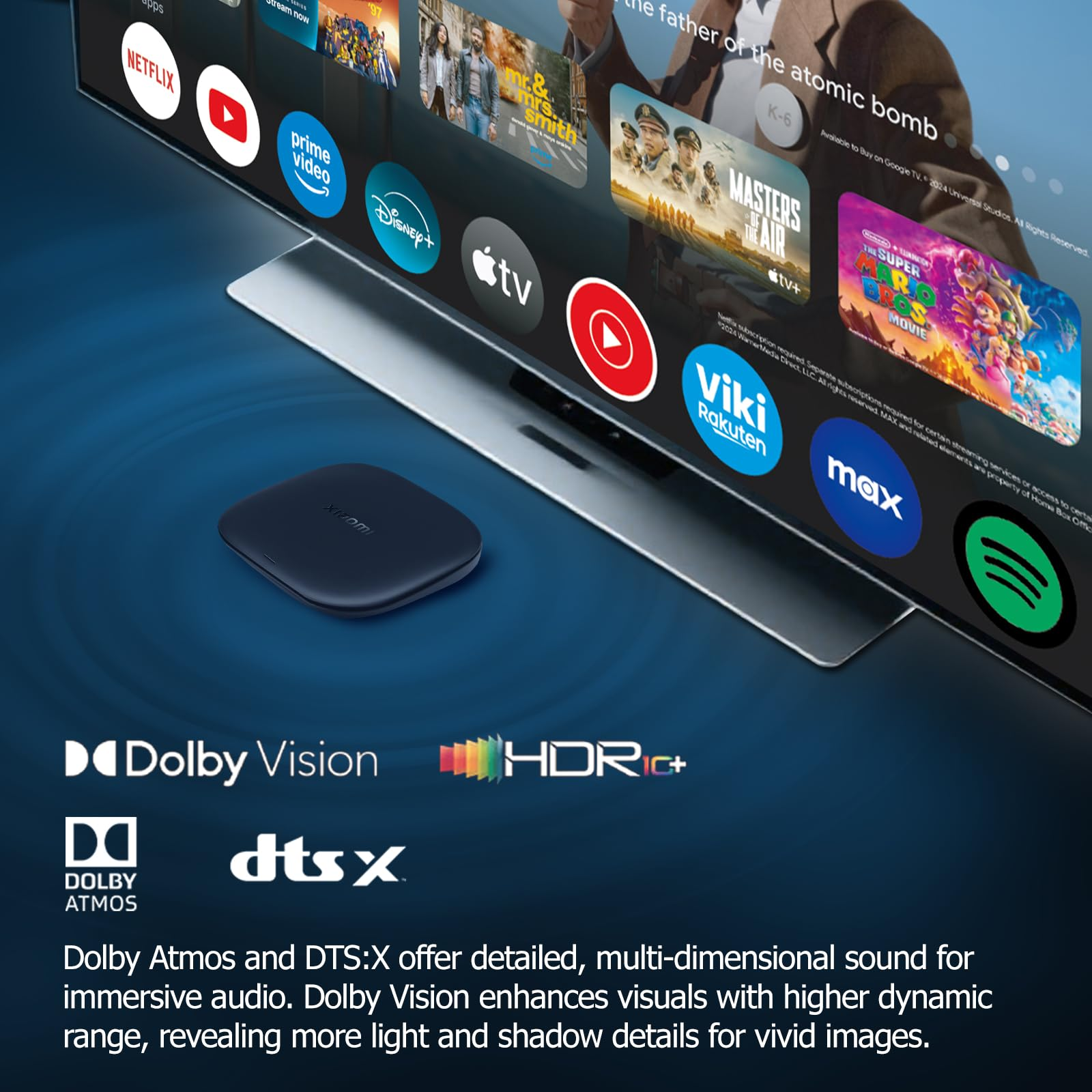 Una pantalla de TV muestra logotipos de servicios de transmisión. Debajo, logotipos de Dolby Vision y DTS:X.