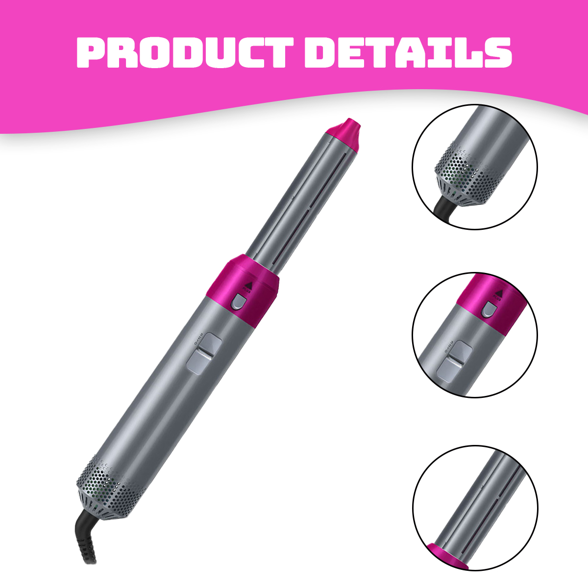 Ein silbernes und pinkfarbenes Haarstyling-Tool wird mit Nahaufnahmen gezeigt. Das Tool hat mehrere Aufsätze und ein Netzkabel. Der Hintergrund ist weiß.