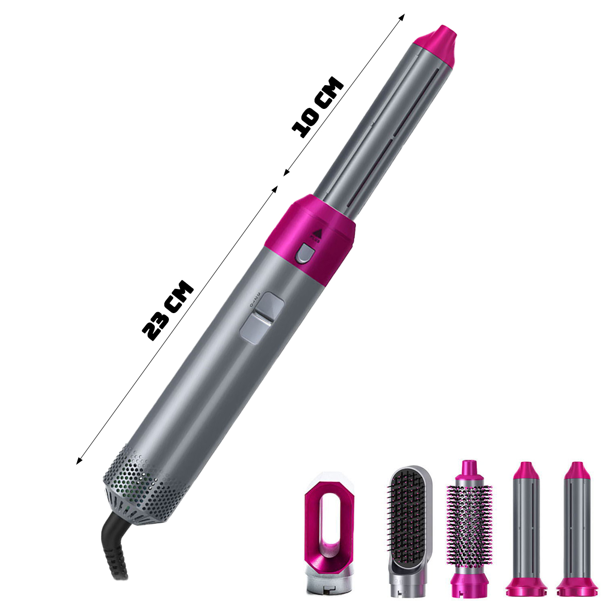 Ein silbernes und pinkfarbenes Haarstyling-Werkzeug mit mehreren Aufsätzen. Es zeigt Maße und hat verschiedene Bürstenköpfe.