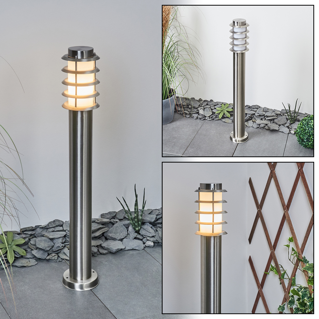 Eine Außenlampe aus Edelstahl mit zylindrischem Sockel und einem mehrstufigen, beleuchteten Oberteil. Die Lampe steht auf einer Terrasse mit Pflanzen.