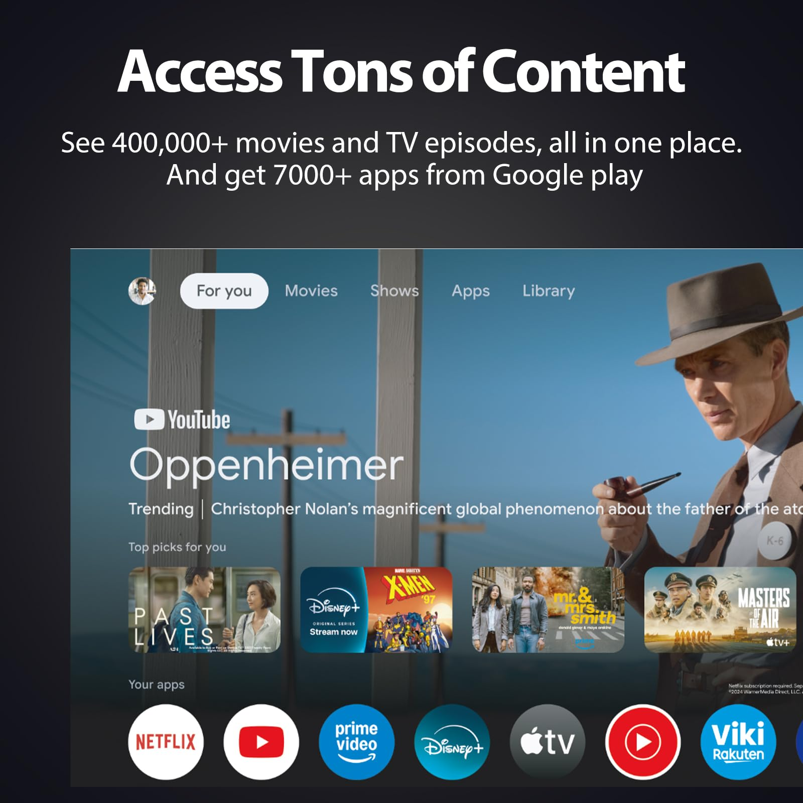 Fernsehbildschirm mit Filmauswahl. Enthält einen Mann mit Hut, Apps wie Netflix und den Film 'Oppenheimer'.