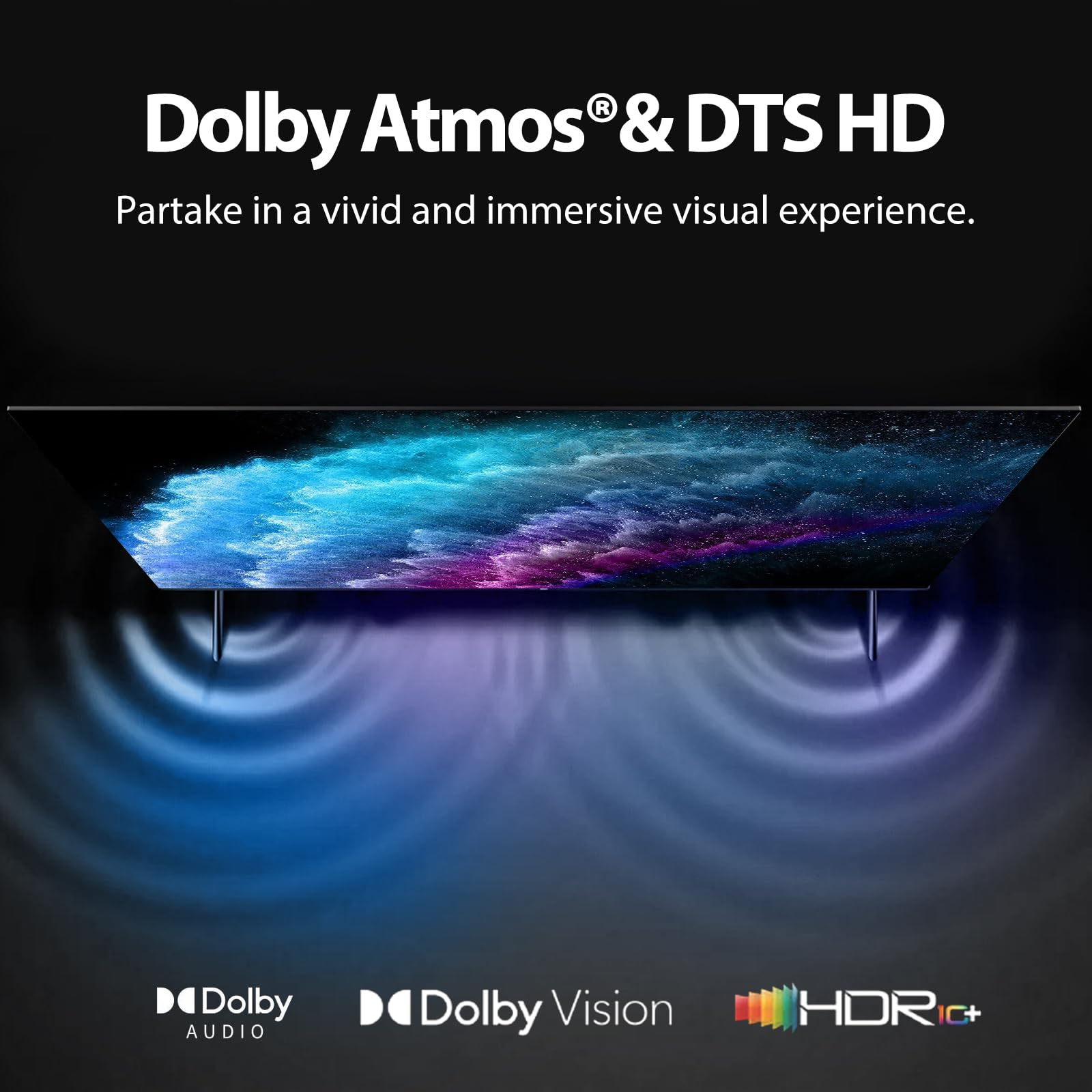 Ein Fernseher zeigt eine farbenfrohe Nebelszene. Text lautet 'Dolby Atmos & DTS HD'. Logos von Dolby und HDR werden angezeigt.