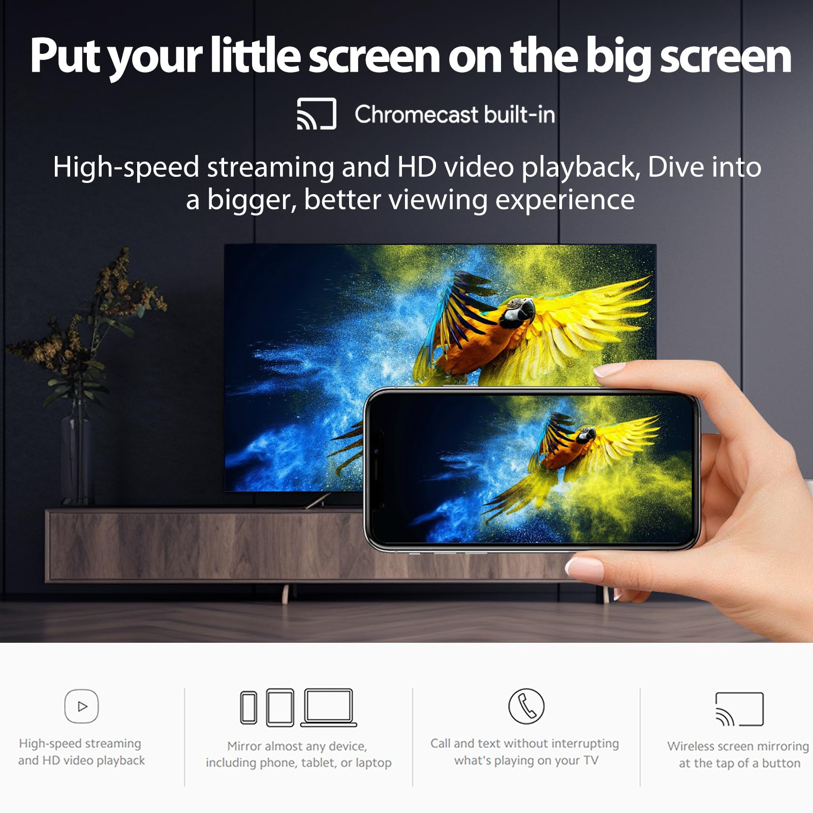 Ein Smartphone spiegelt einen Fernsehbildschirm. Beide zeigen ein Papageienbild. Die Werbung bewirbt Streaming und Spiegelung.