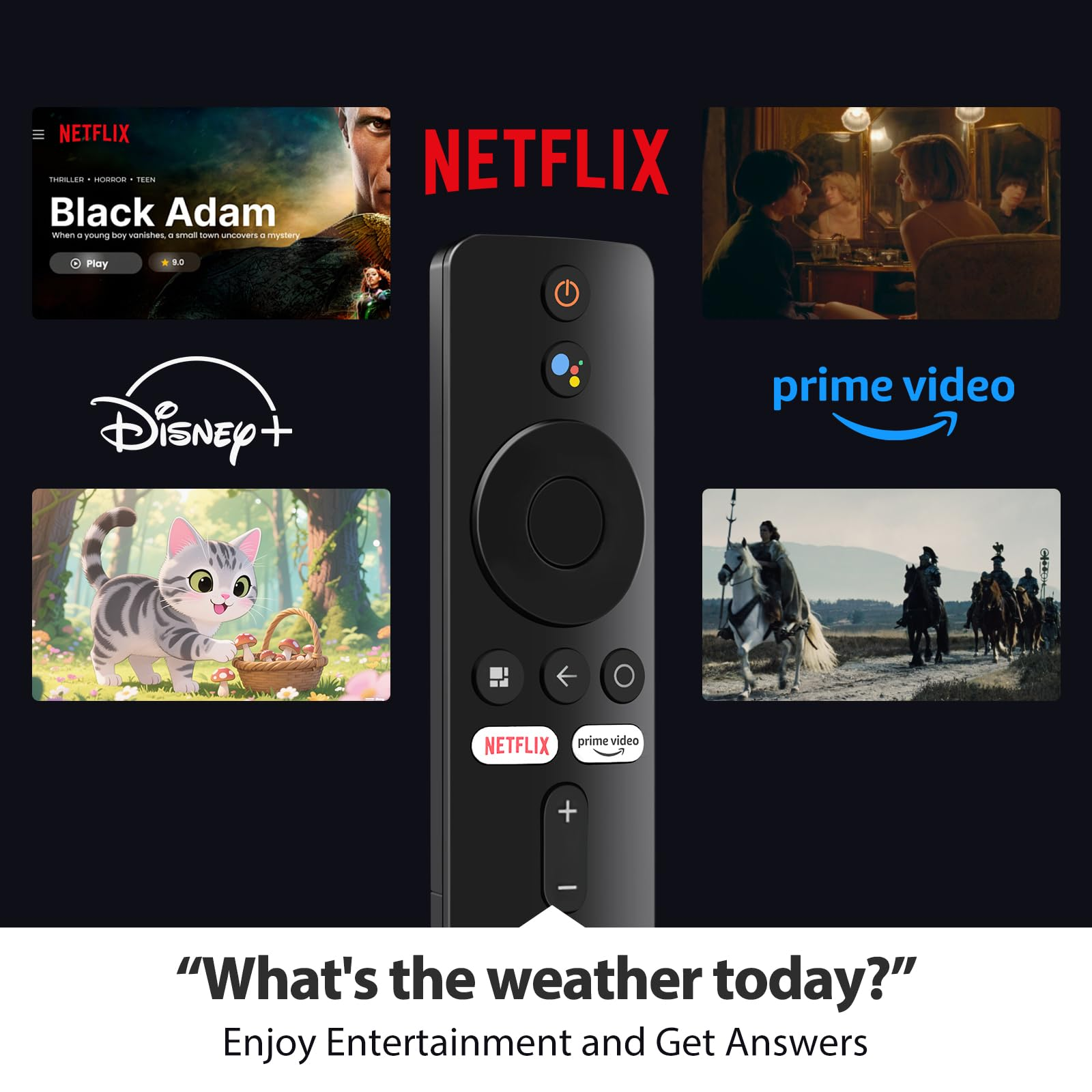 Eine TV-Fernbedienung mit Netflix- und Prime Video-Tasten. Zeigt Black Adam und andere Streaming-Inhalte.