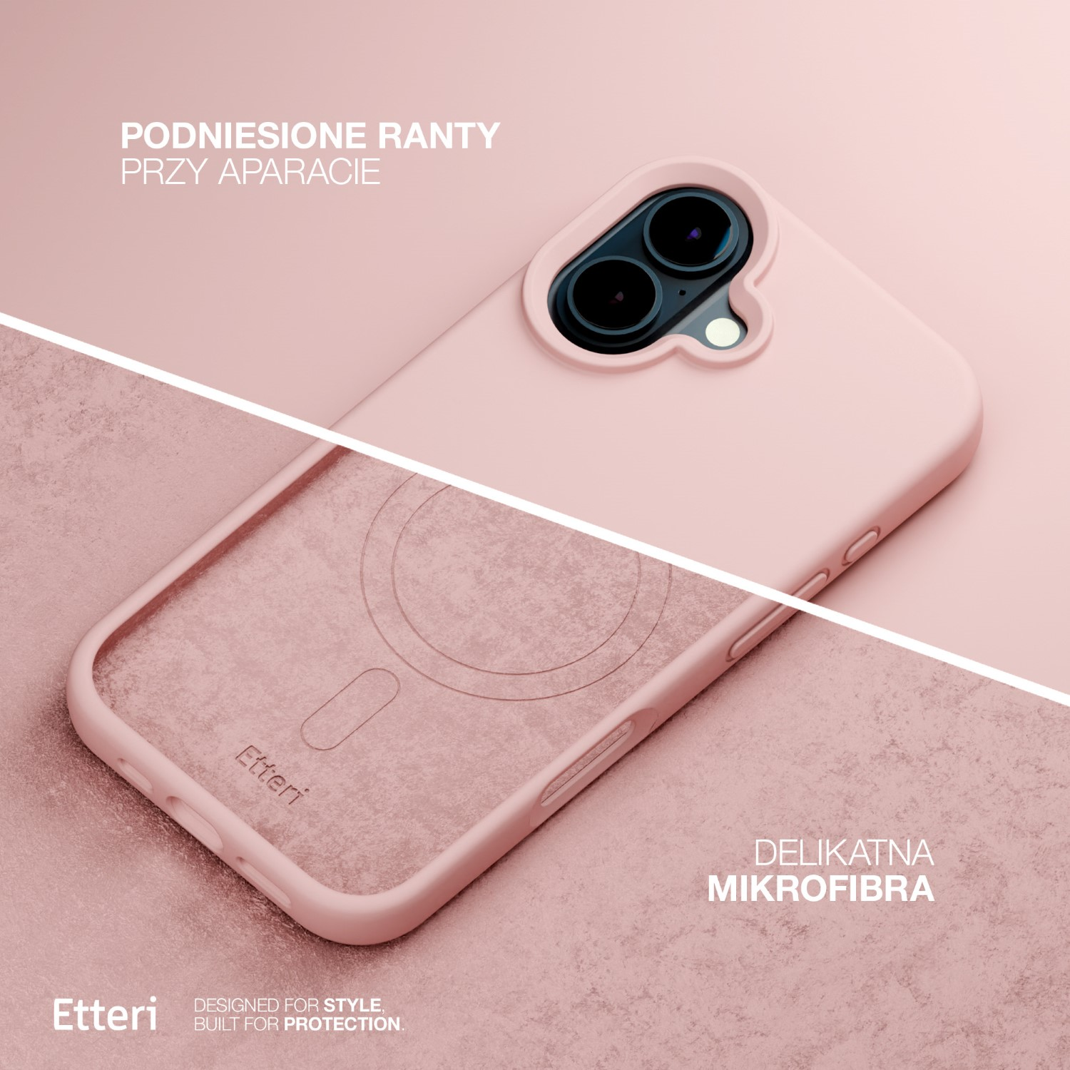 Una custodia rosa per telefono con bordi rialzati attorno alla fotocamera è esposta su uno sfondo rosa abbinato. Il marchio 'Etteri' è visibile.