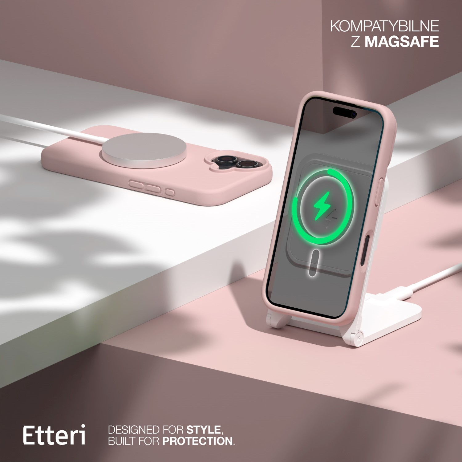 Una custodia rosa con un telefono su un supporto di ricarica bianco. Un simbolo di ricarica verde è sullo schermo del telefono.