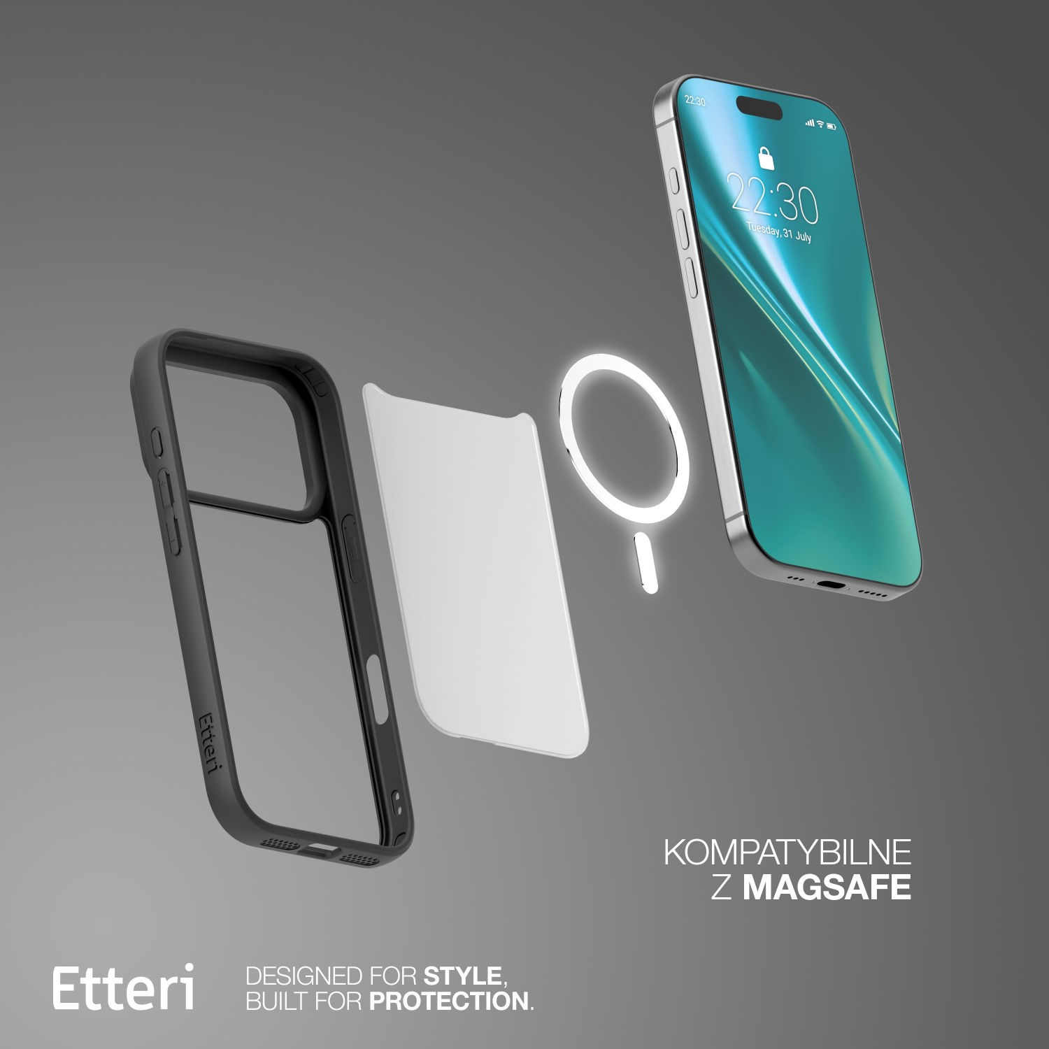 Widok rozstrzelony przedstawia telefon, etui i komponenty MagSafe. Telefon wyświetla godzinę. Tekst: 'Zaprojektowany dla stylu, zbudowany dla ochrony'.