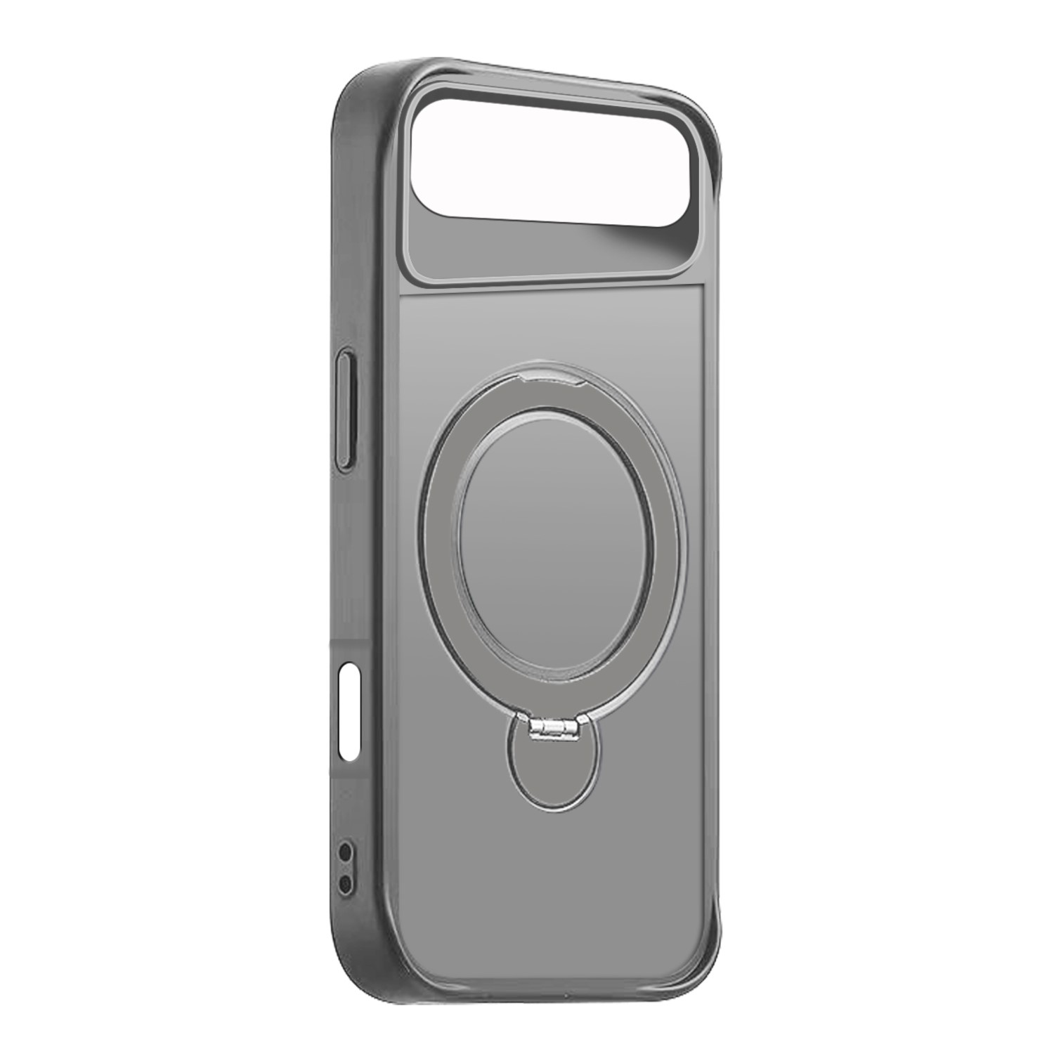 Una custodia per telefono grigia trasparente con un porta anello su sfondo bianco. La custodia ha un ritaglio per la fotocamera e fori per i pulsanti.
