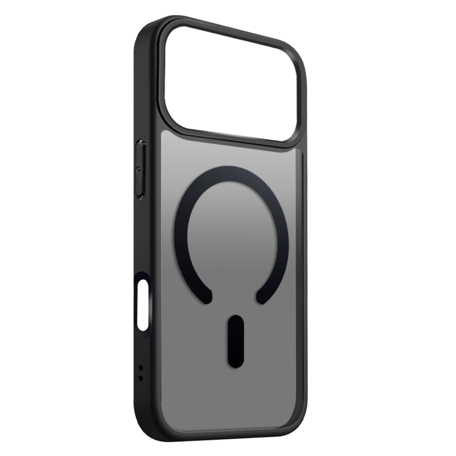 Czarne etui na telefon z przezroczystym wycięciem na aparat i magnetycznym okręgiem ładowania na szarym tle.