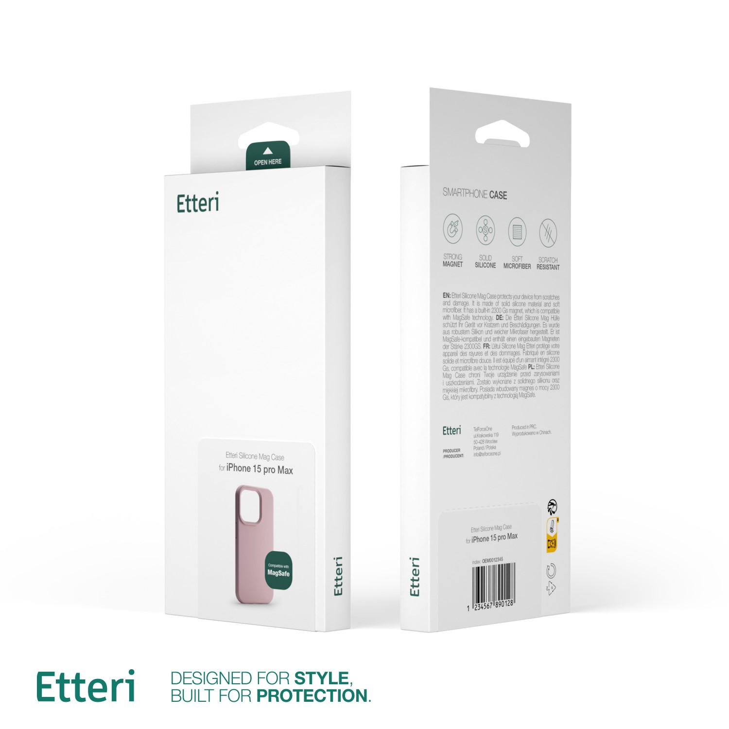 Una scatola bianca per custodia per telefono con il marchio 'Etteri'. La scatola ha un'immagine di custodia rosa.