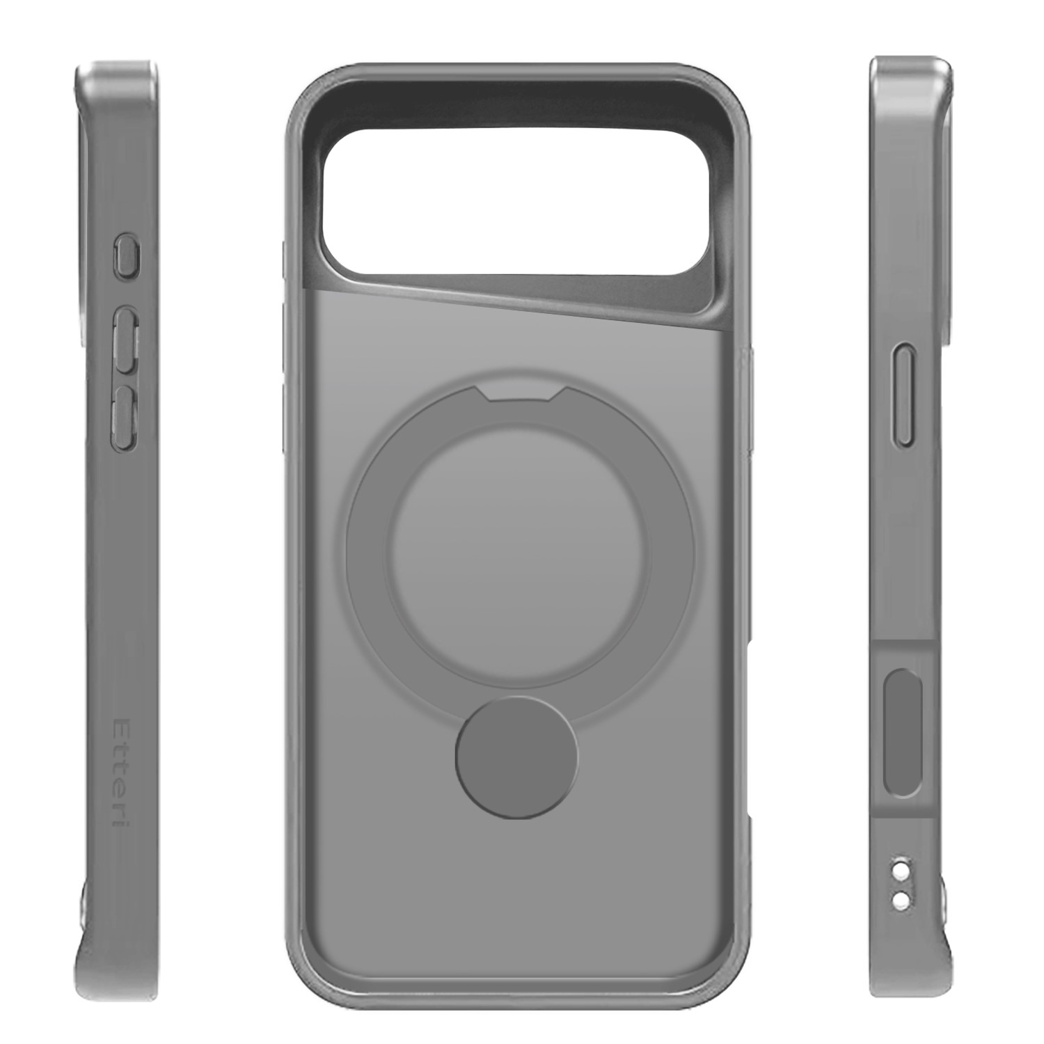 Tre viste di una custodia grigia per telefono. Il davanti ha un ritaglio per la fotocamera e un attacco magnetico circolare. Viste laterali mostrano pulsanti.