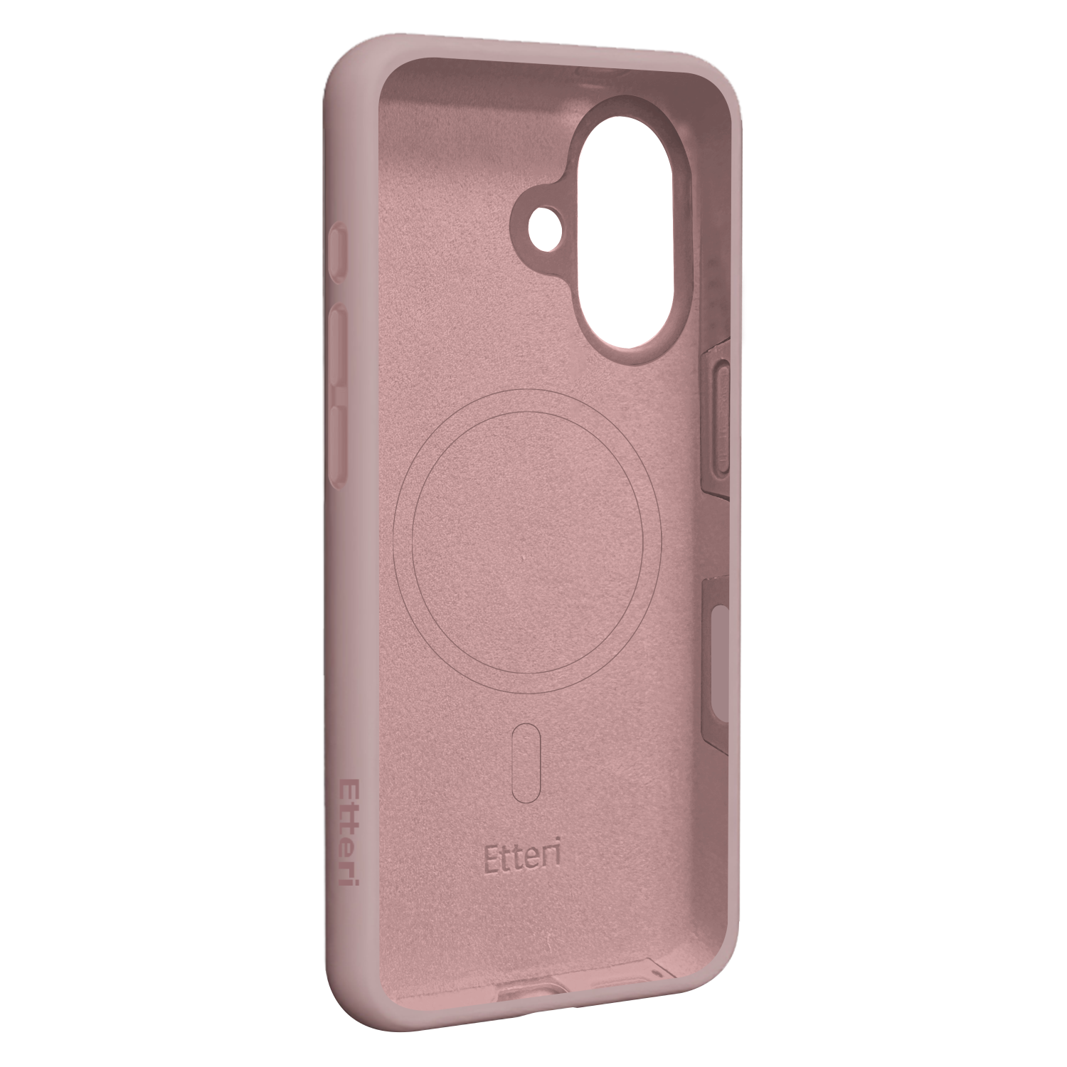Una custodia per telefono rosa con ritagli per fotocamera e pulsanti. La custodia ha una superficie strutturata e il marchio 'Etteri' è visibile.