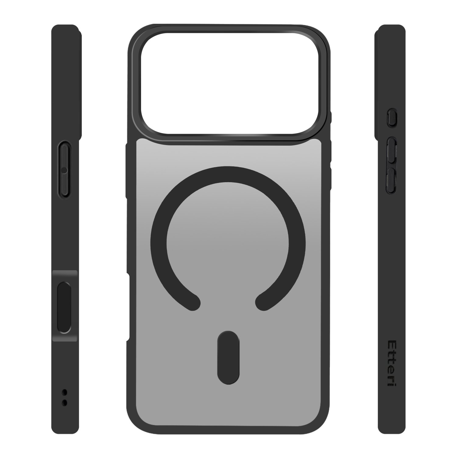 Czarne etui na telefon z szarym środkiem i czarnym obrysem. Pokazano różne strony. Tył ma pierścień i pasek.