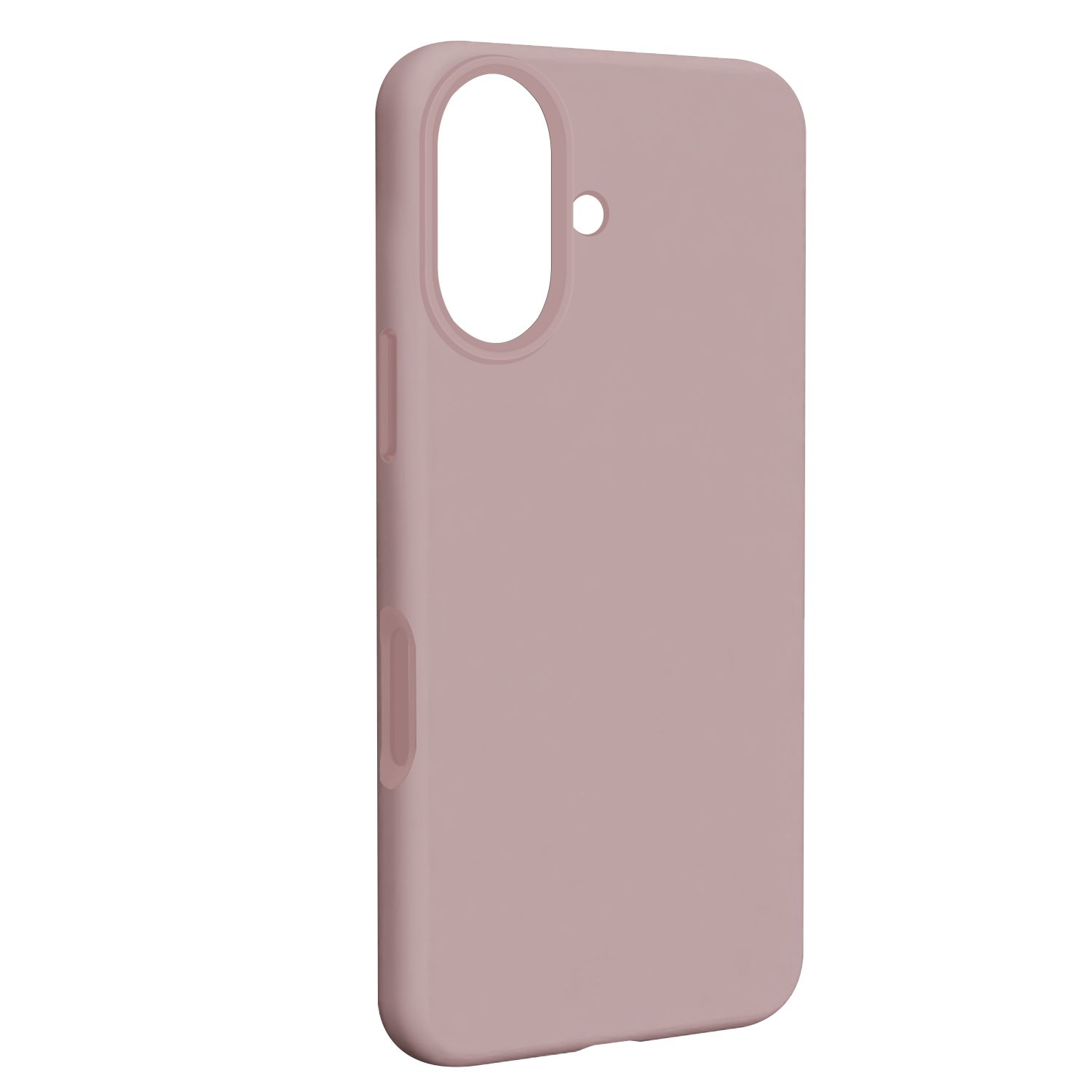 Una custodia per telefono rosa chiaro con un ritaglio ovale per la fotocamera e forme di pulsanti. È su sfondo bianco.