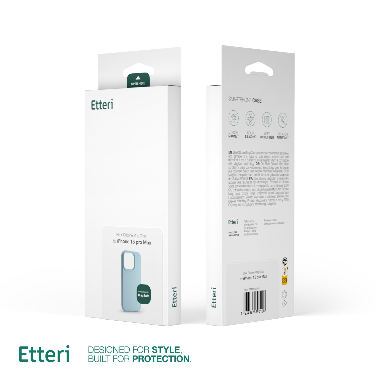 Etui na smartfon Etteri, białe pudełko ze szczegółami produktu i grafiką etui na telefon oraz słowami 'DESIGNED FOR STYLE, BUILT FOR PROTECTION'.