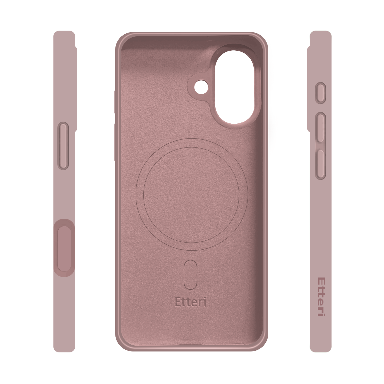 Una custodia per telefono malva di Etteri. Ha ritagli per fotocamera e pulsanti. La custodia è mostrata dalla parte anteriore e dai lati.